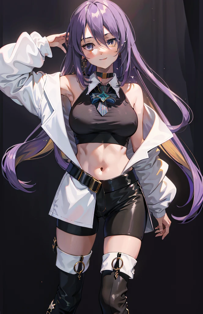 1girl, Moona Hoshinova, purple long hair, white jacket, short jeans pants, short pants, crop top, show stomach, city road, standing, (masterpiece:1.2), highres, best quality, 8k, sexy pose, blush, shy, smile, v neck shirt, show middle boobs, breat out, stocking, very short pants, pretty