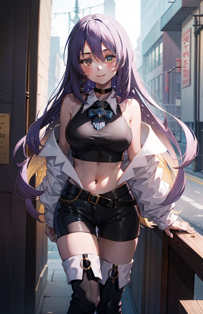 1girl, Moona Hoshinova, purple long hair, white jacket, short jeans pants, short pants, crop top, show stomach, city road, standing, (masterpiece:1.2), highres, best quality, 8k, sexy pose, blush, shy, smile, v neck shirt, show middle boobs, breat out, stocking, very short pants, pretty