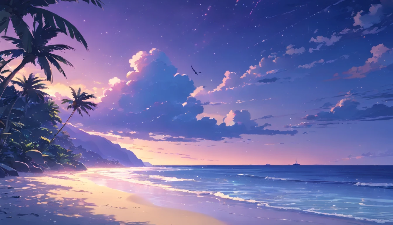 (best quality,highres),(realistic:1.37),(landscape:1.2),peaceful beach scene at night,calm waves crashing on the shore,soft moonlight illuminating the scene,sand sparkling under moonlight,gentle breeze rustling the palm trees,silhouette of a lone palm tree in the foreground,starry sky with a few scattered clouds,serene atmosphere with a sense of solitude,distant sound of seagulls echoing in the background,subtle sound of the waves creating a soothing rhythm,dark blue and purple hues dominating the color palette
