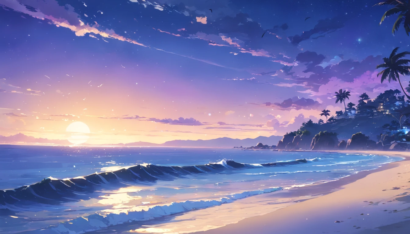 (best quality,highres),(realistic:1.37),(landscape:1.2),peaceful beach scene at night,calm waves crashing on the shore,soft moonlight illuminating the scene,sand sparkling under moonlight,gentle breeze rustling the palm trees,silhouette of a lone palm tree in the foreground,starry sky with a few scattered clouds,serene atmosphere with a sense of solitude,distant sound of seagulls echoing in the background,subtle sound of the waves creating a soothing rhythm,dark blue and purple hues dominating the color palette