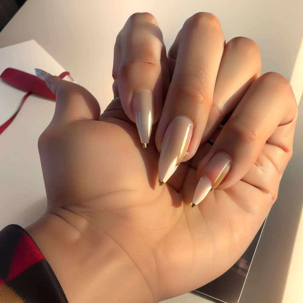Almond shape nails in a tan color with a Burberry style plaid accent nail
