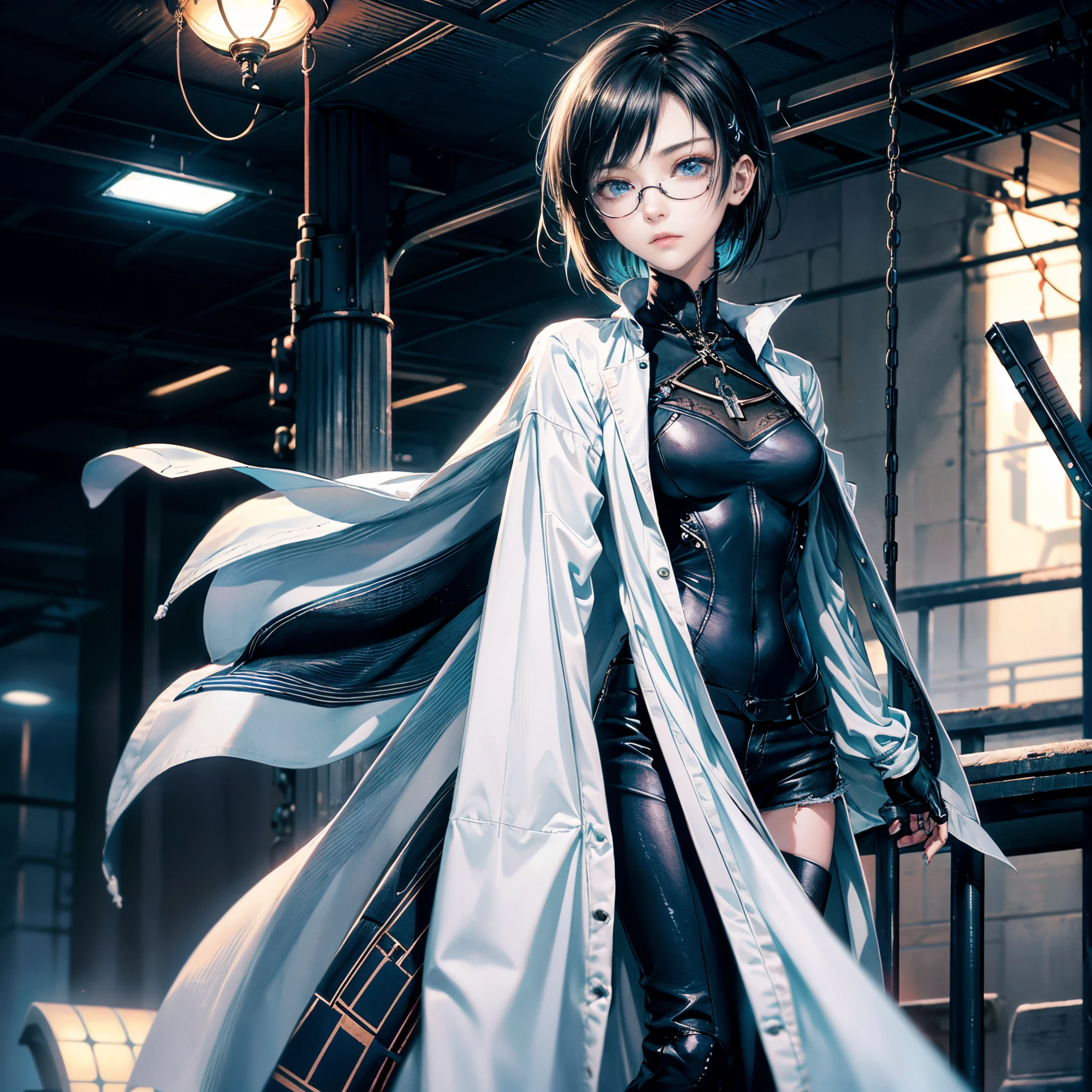 Cinematic lighting、highlydetailed skin、masutepiece,1girl in, Best Quality,cyberpunked,(Alternative、dim colors, Soothing tones:1.3),(Beautuful Women、Detailed beautiful facial features、Short black hair、blue eyess、eye glass、slenderbody:1.3)（eye glass:1.5）(formal white coat、Black Denim、long boots:1.1).（natta、Last train station platform:1.5）