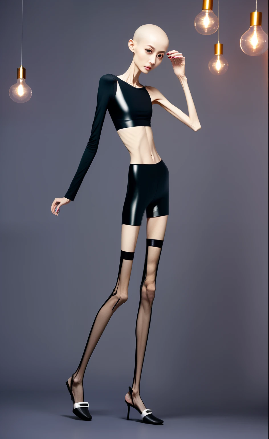 very thin adult woman,A thin body,Protruding sternum,The waist is very thin,The ribs are noticeable,Protruding ribs,The pelvic protrusion is very obvious,Pelvic width,Legs are just skin and bones,Fair skin,thin shoulde,The waist is very thin,Sunken abdomen,Delicate arms,arm muscle atrophy,hunger,sunken lower abdomen,Short hair details,Wear tight leather pants,Wear slippers,Asia face,The waist is particularly thin,angry look,Excessive weight loss,The face is sunken and thin,Severe malnutrition,hunger,Weak,anorexia