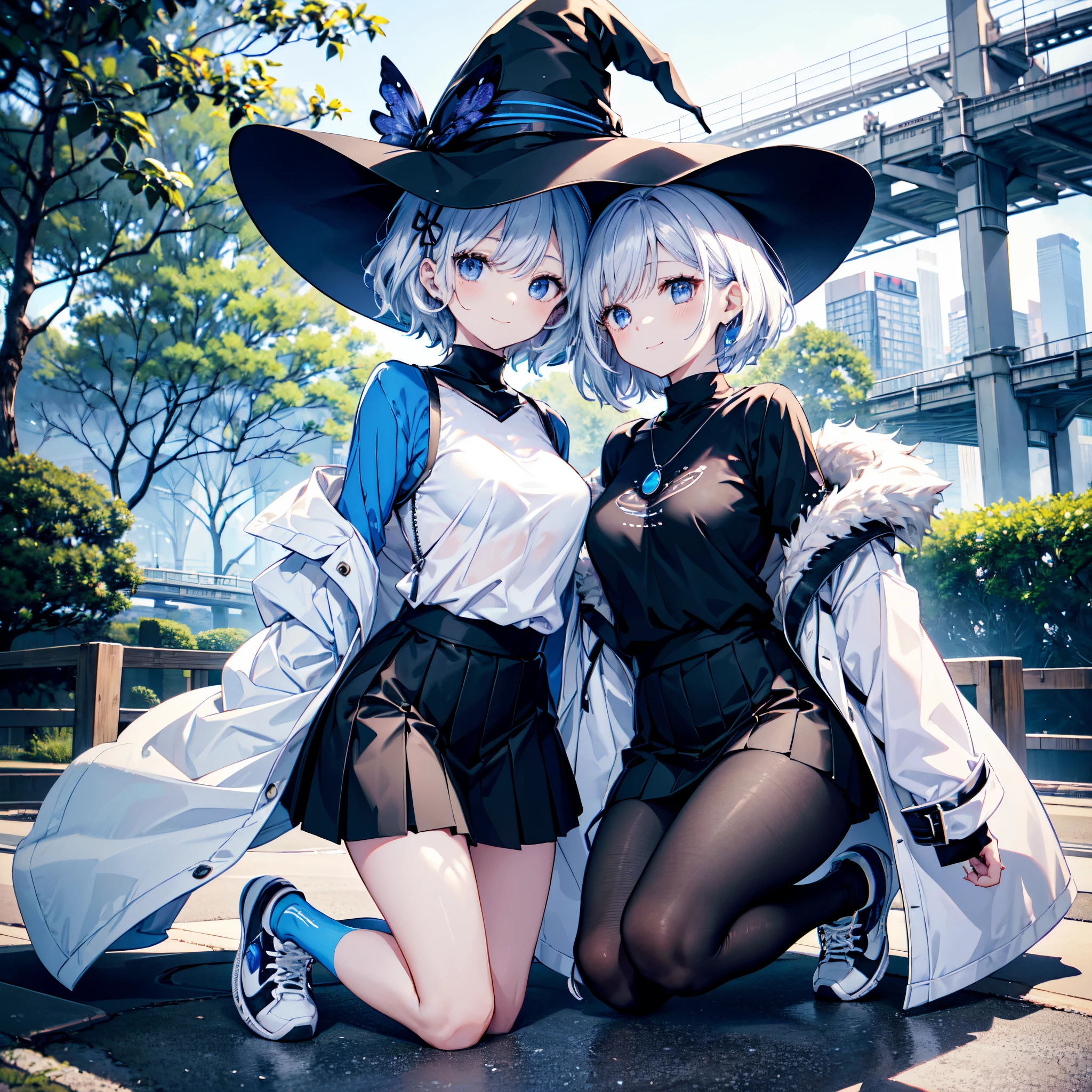 Two Japan women exposed in a park on the Sumida River in Japan、She was a 27-year-old woman with small breasts and loose, fluffy pure white short hair.、One is a 31-year-old woman with small breasts and a dark brown lob、The two are having fun、street snap、Sheer feeling、Beautuful Women、Looking at me with a smile、She wears a large black witch hat with sapphire accessories、Dark blue-purple medium short hair with white mesh and loose lob hair、Blue eyes with highlights、she is wearing a white t-shirt、She is wearing a long black coat over a white t-shirt、The front of the black long coat is open、She is wearing a black knee-length box pleated skirt、Black sneakers with white shoelaces、small tits、discreet breasts、A fragile smile、hiquality、High Details、high-level image quality、4K picture quality、beatiful backgrounds,drawn by Japanese ilastrator