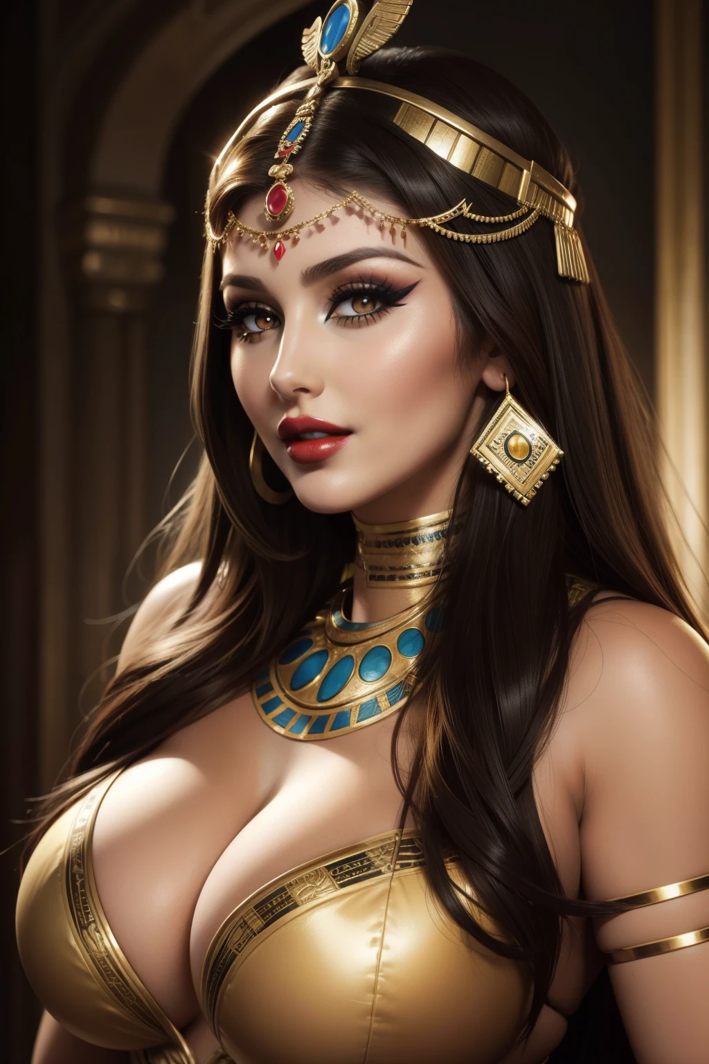lucy pinder, smiling, ((very intense makeup)), (( lipstick)), voluptuous woman, CLEOPATRA
