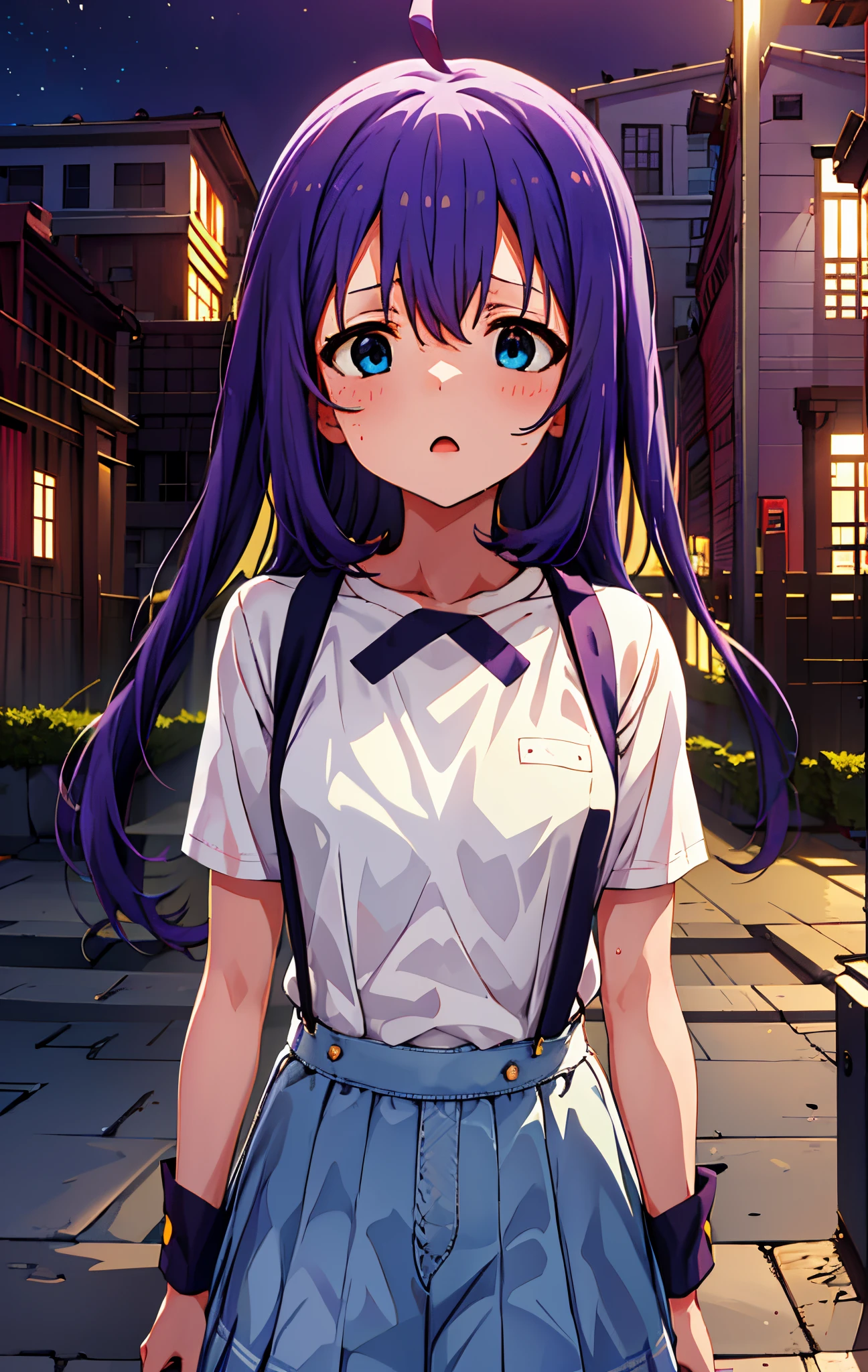{{{{{mochizuki anna}}}}},1girl,solo,long hair,purple hair,small_ahoge,blue eyes.short stature.white t-shirts.suspenders.skirt.(((masterpiece))).(((best quality))).((ultra-detailed))).(((illustration))).night view.big breasts.