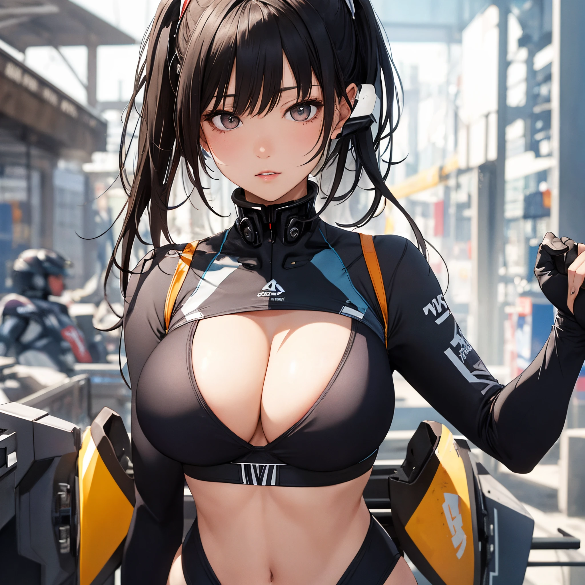 masterpiece、Top image quality、Black hair、Black bra、Colossal tits、mechs、animesque、8K,masterpiece, bset quality,Colossal tits、(1girl in)、((Pit Girl Suit))、shinny skin、Shiny big、dark-brown eyes、 ((top-quality))、 Crisp focus:1.2、Highly detailed facial and skin texture、A detailed eye、face perfect、perfect bodies、art by、nffsw、Blur the background、japanes、Big breasts with a strong presence、Circuit field、Blur the background、Cowboy Shot、