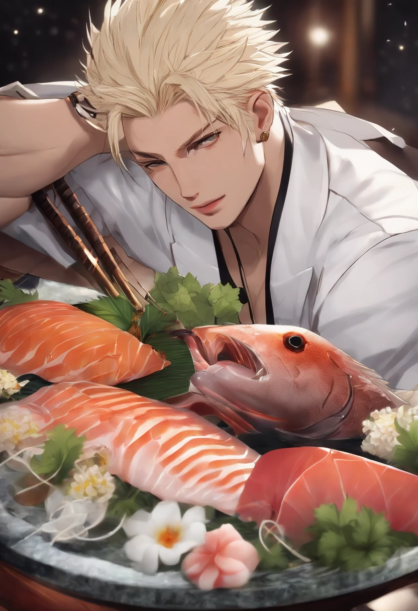 A mouthwatering plate of sashimi, beautifully arranged on a bed of ice,original,He is a white man. He has platinum blonde short hair that he wears spiked up. He also keeps a dark goatee. He is chubby. He often wears accessories like spiked punk bracelets and black Oakley sunglasses. He has tattoos on his left arm. His ears are pierced.