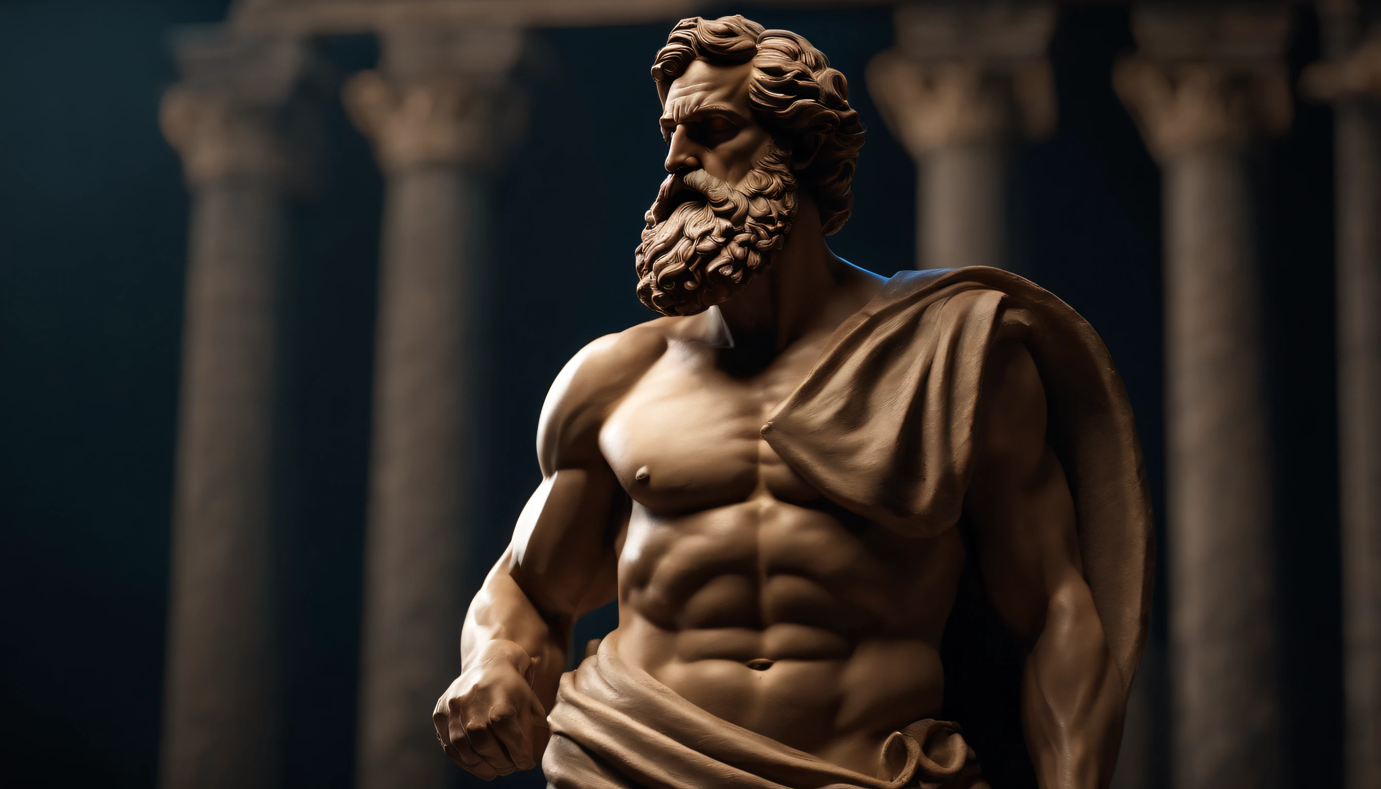 Greek philosopher muscular statue, big beard, cinematic, dark background, 8k, ultra realistic, setting from 2 thousand years ago