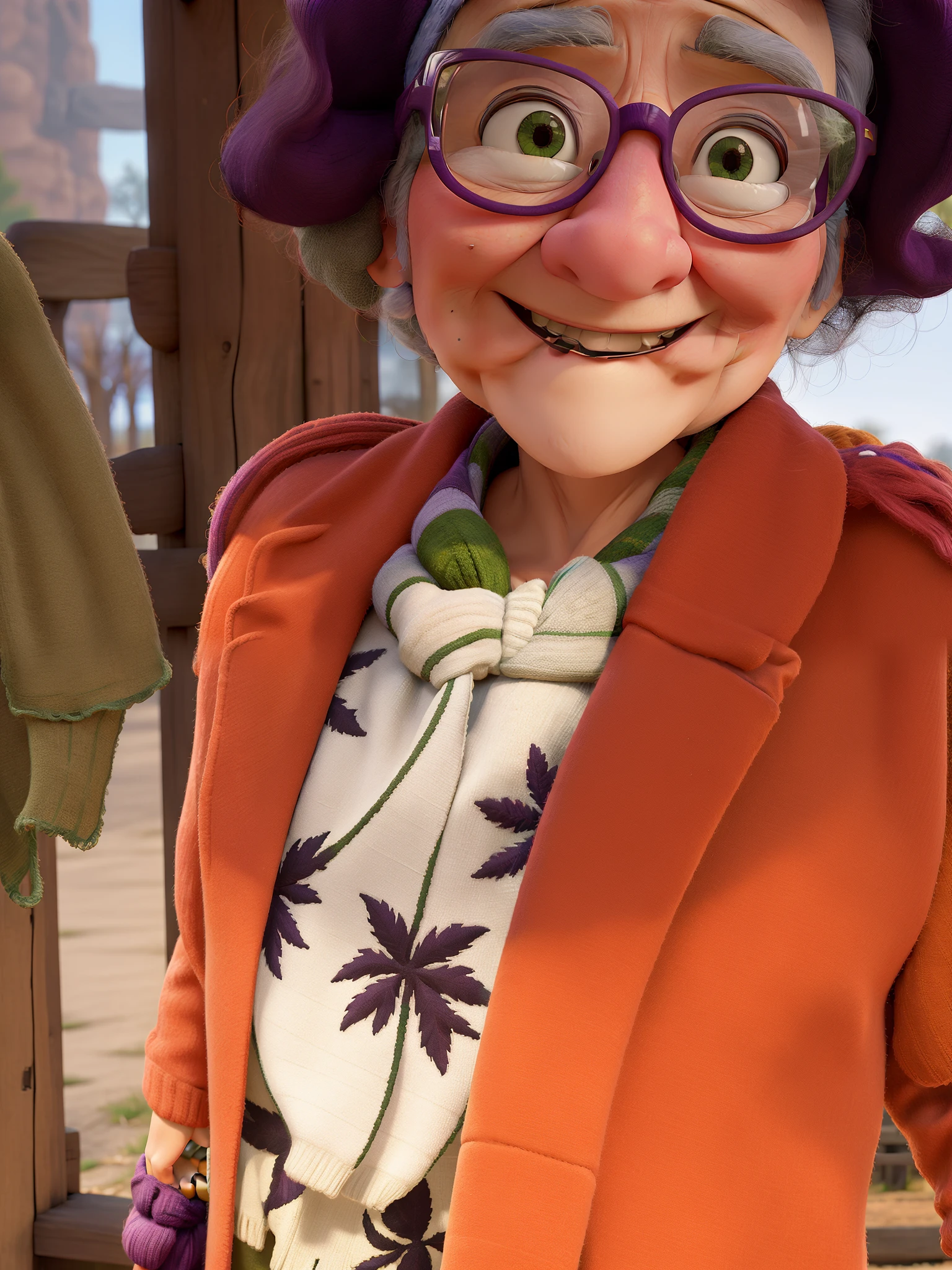 masterpiece, best quality, an old woman with glasses and a scarf on, wearing a purple coat and green scarf, standing at the park
