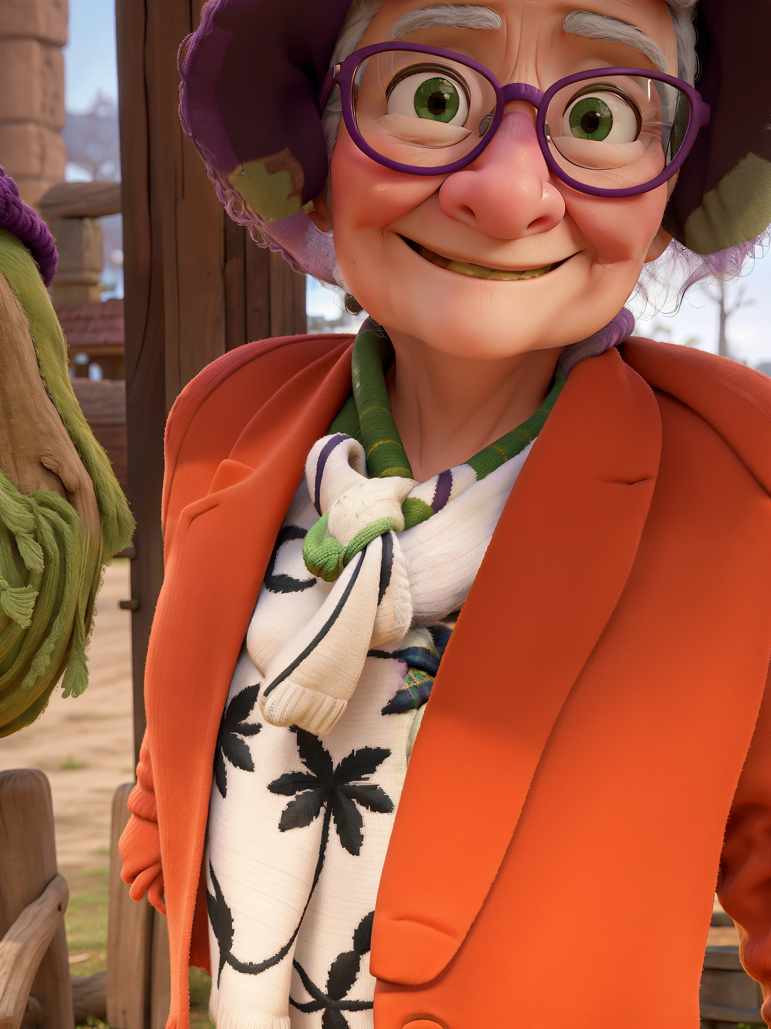 masterpiece, best quality, an old woman with glasses and a scarf on, wearing a purple coat and green scarf, standing at the park