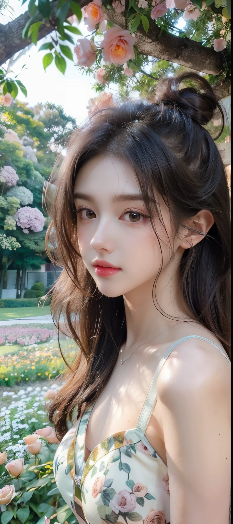 Girl,15 years old or 17 years old,bra-less,long hair in a bun,charming,ultra-detailed golden-brown eyes,ultra-detailed rosy lips,ultra-detailed wavy hair and face,masterpiece,8k,ultra-fine painting,vivid colors,portrait,dreamy lighting,radiant sunlight,lush garden scenery,roses in full bloom,soft pastel color palette,emerald green grass,subtle bokeh effect,captivating gaze,innocent expression,playful pose,majestic trees in the background,mystical atmosphere,whimsical elements,feminine beauty