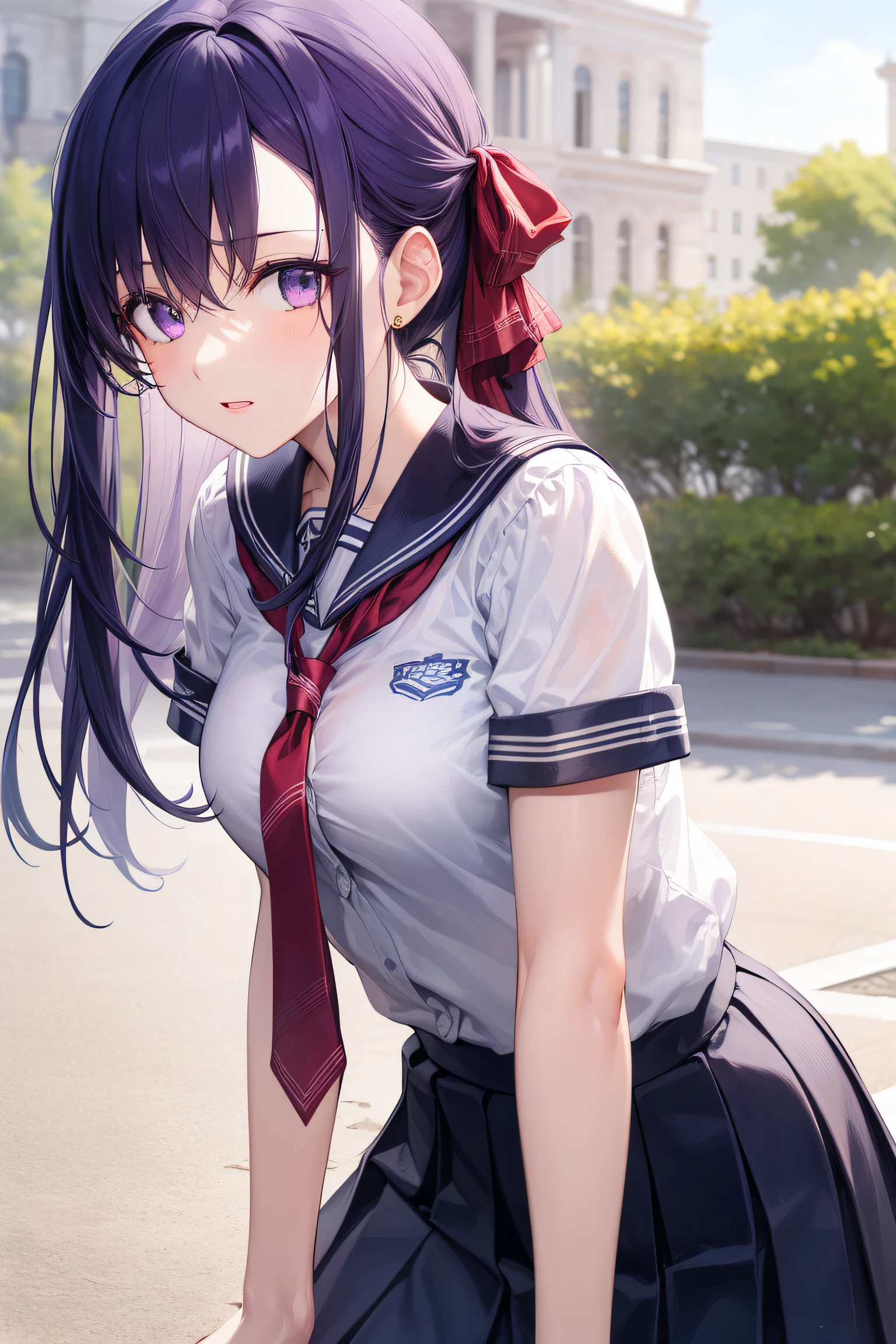 parvati, parvati, long hair, (purple eyes:1.1), purple hair,
BREAK necktie, pleated skirt, school uniform, short sleeves, skirt, (u.a. school uniform:1.5),
BREAK looking at viewer,standing, leaning forward, arms behind back,
BREAK outdoors,
BREAK (masterpiece:1.2), best quality, high resolution, unity 8k wallpaper, (illustration:0.8), (beautiful detailed eyes:1.6), extremely detailed face, perfect lighting, extremely detailed CG, (perfect hands, perfect anatomy),