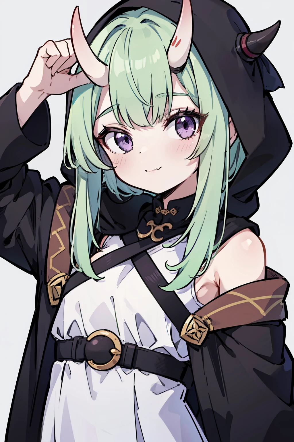 masterpiece, best quality, 4k, face close-up, portrait, 1girl, solo, beige hair, light green hair, pale green hair, long hair, purple eyes, small breasts, oni girl, oni horns, (skin fang:0.9), smile, closed mouth, black cloak, hood, medieval fashion, standing, arms behind back, looking at viewer, white background, abstract background