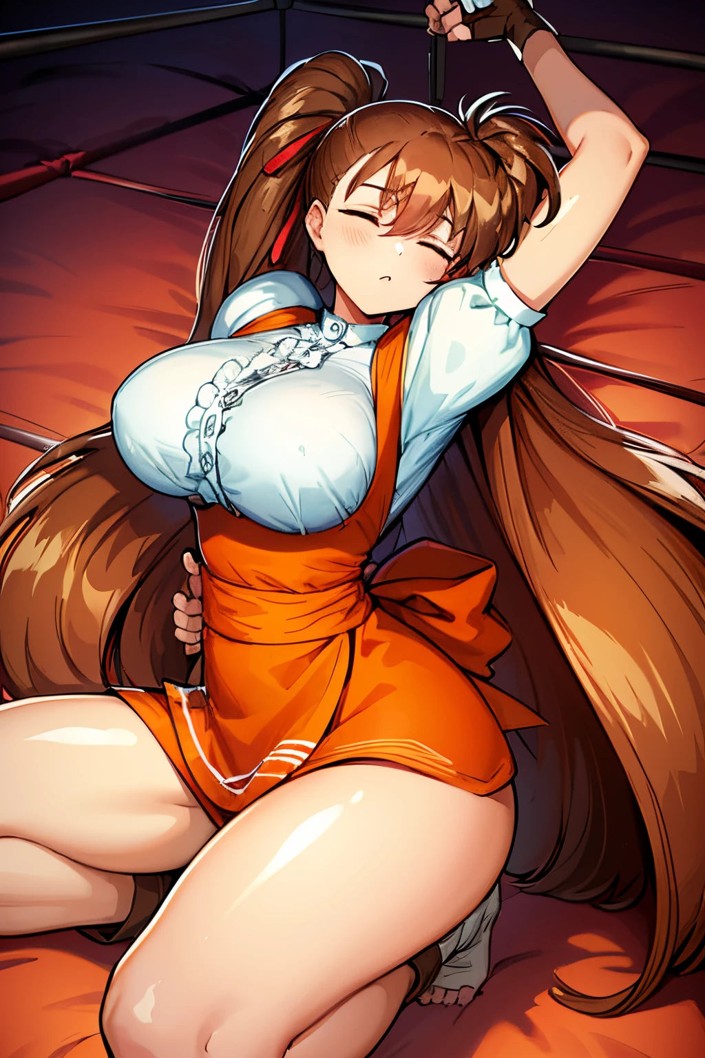 sleep，lie on wrestling ring, wrestling ring, boxing ring, takeuyuka
very long hair
hair bow, frilled shirt, underbust, ribbon, fingerless gloves, white gloves, waist apron, orange skirt, socks, toeless legwear