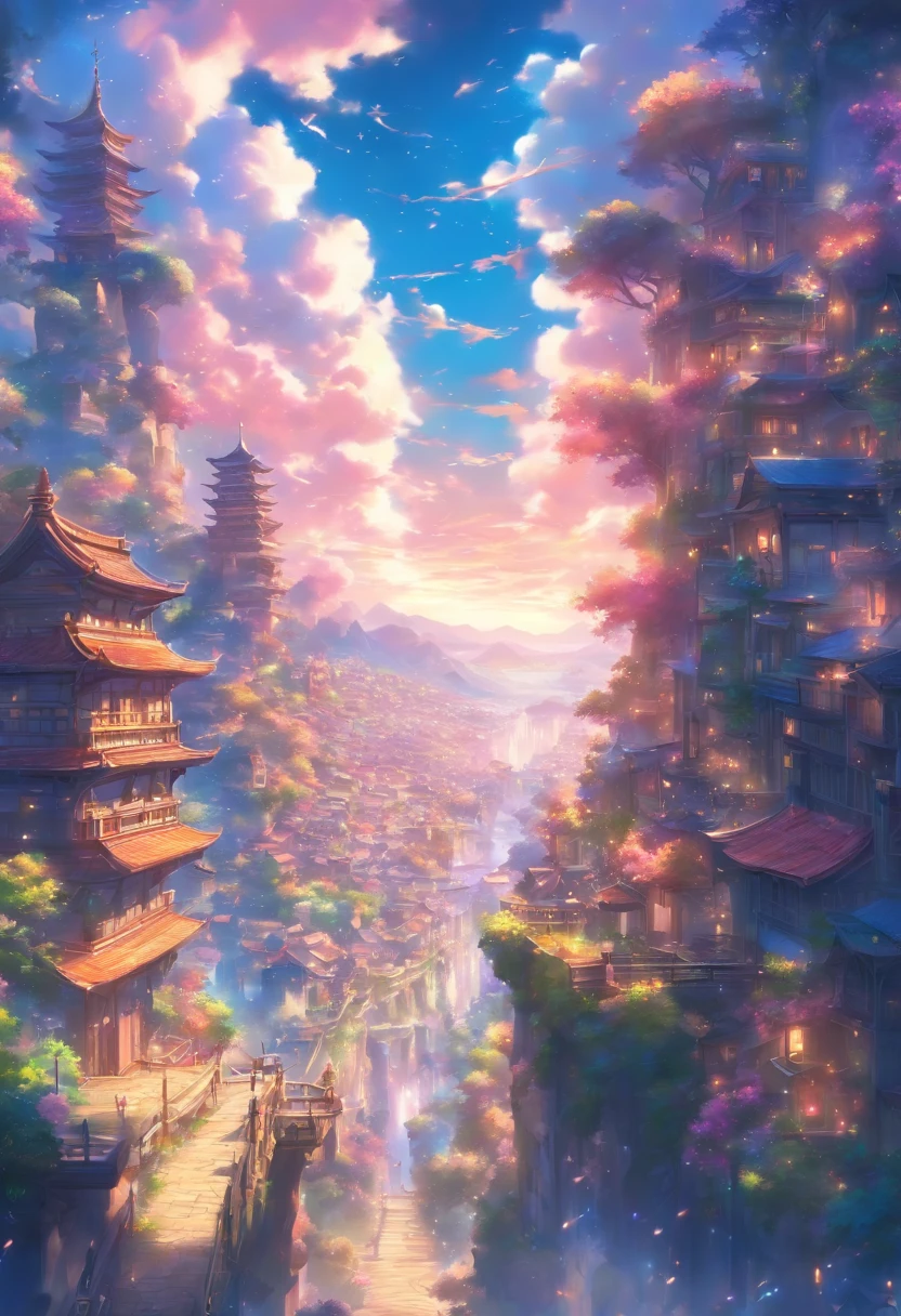 Setting: A massive clearing showcasing a captivating view of a massive and angelic town. View taken from a cliffside

Background:

Sky: Fantasy like, Anime like, vivid and alive.

Atmosphere: Amazing composition, blue, pink, and purple and yellow shades, allow them to blend in with the surroundings and each other to give the scene a magical feeling.

Extras:

Angle and Depth: For a dynamic perspective, use a slightly left-tilted angle to lend depth and drama to the scene. Also, use a low-angle shot as well.

Quality and Composition: Ensure the final piece is of high quality, resembling a masterpiece. The composition should be balanced and incredible, drawing the viewer's eye across the entire scene, from the fantasy-like sky, through the view, and finally resting on the town below.
Final Touches: Correct proportions. Establishing shot. Beautiful and wondrous fantasy scenery, digital art, artstation, {8k high res masterpiece}, vibrant colored background, clear