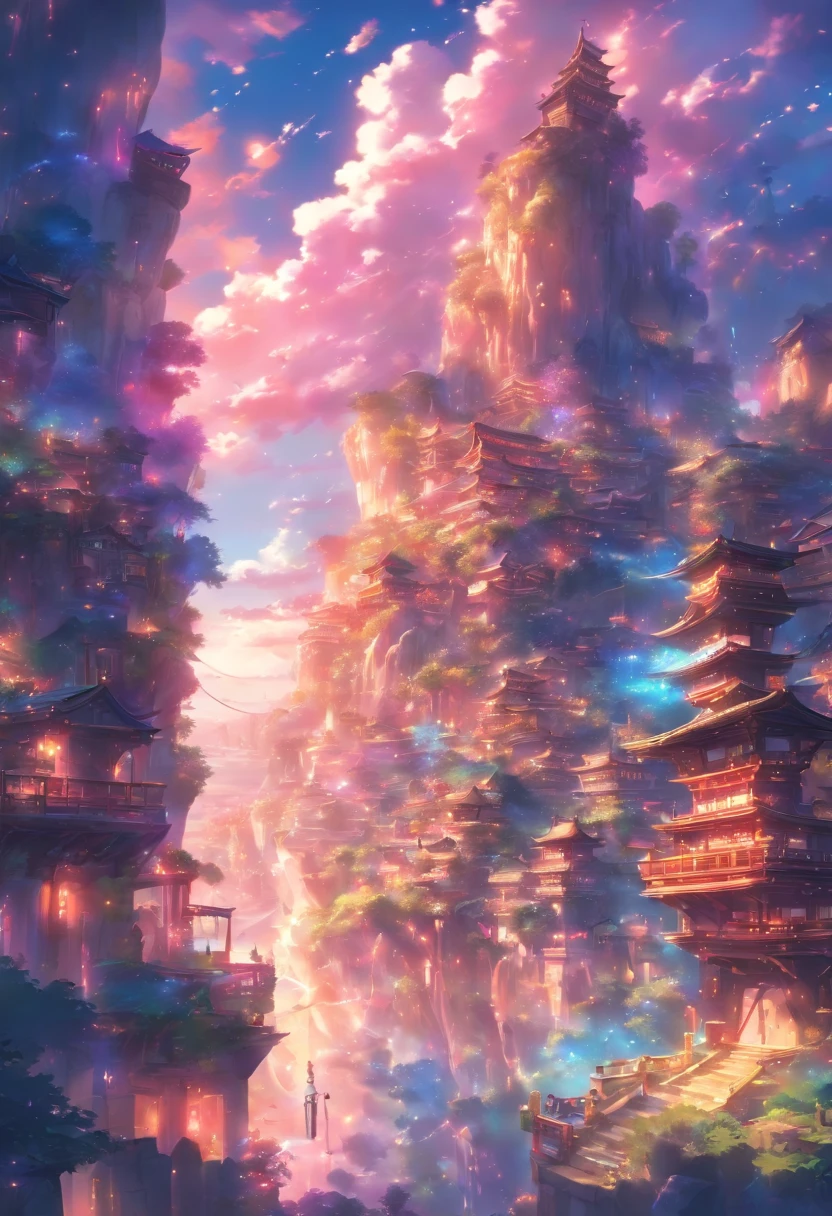 Setting: A massive clearing showcasing a captivating view of a massive and angelic town. View taken from a cliffside

Background:

Sky: Fantasy like, Anime like, vivid and alive.

Atmosphere: Amazing composition, blue, pink, and purple and yellow shades, allow them to blend in with the surroundings and each other to give the scene a magical feeling.

Extras:

Angle and Depth: For a dynamic perspective, use a slightly left-tilted angle to lend depth and drama to the scene. Also, use a low-angle shot as well.

Quality and Composition: Ensure the final piece is of high quality, resembling a masterpiece. The composition should be balanced and incredible, drawing the viewer's eye across the entire scene, from the fantasy-like sky, through the view, and finally resting on the town below.
Final Touches: Correct proportions. Establishing shot. Beautiful and wondrous fantasy scenery, digital art, artstation, {8k high res masterpiece}, vibrant colored background, clear