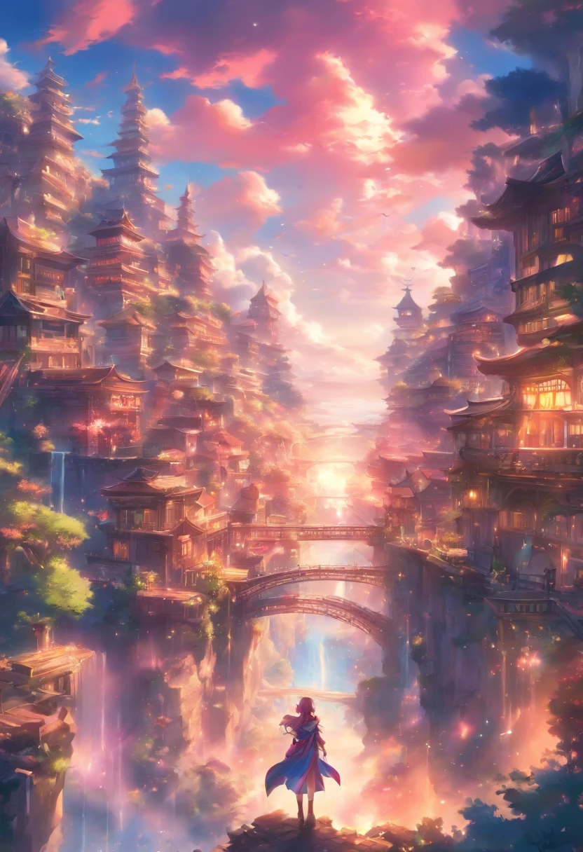 Setting: A massive clearing showcasing a captivating view of a massive and angelic town. View taken from a cliffside

Background:

Sky: Fantasy like, Anime like, vivid and alive.

Atmosphere: Amazing composition, blue, pink, and purple and yellow shades, allow them to blend in with the surroundings and each other to give the scene a magical feeling.

Extras:

Angle and Depth: For a dynamic perspective, use a slightly left-tilted angle to lend depth and drama to the scene. Also, use a low-angle shot as well.

Quality and Composition: Ensure the final piece is of high quality, resembling a masterpiece. The composition should be balanced and incredible, drawing the viewer's eye across the entire scene, from the fantasy-like sky, through the view, and finally resting on the town below.
Final Touches: Correct proportions. Establishing shot. Beautiful and wondrous fantasy scenery, digital art, artstation, {8k high res masterpiece}, vibrant colored background, clear