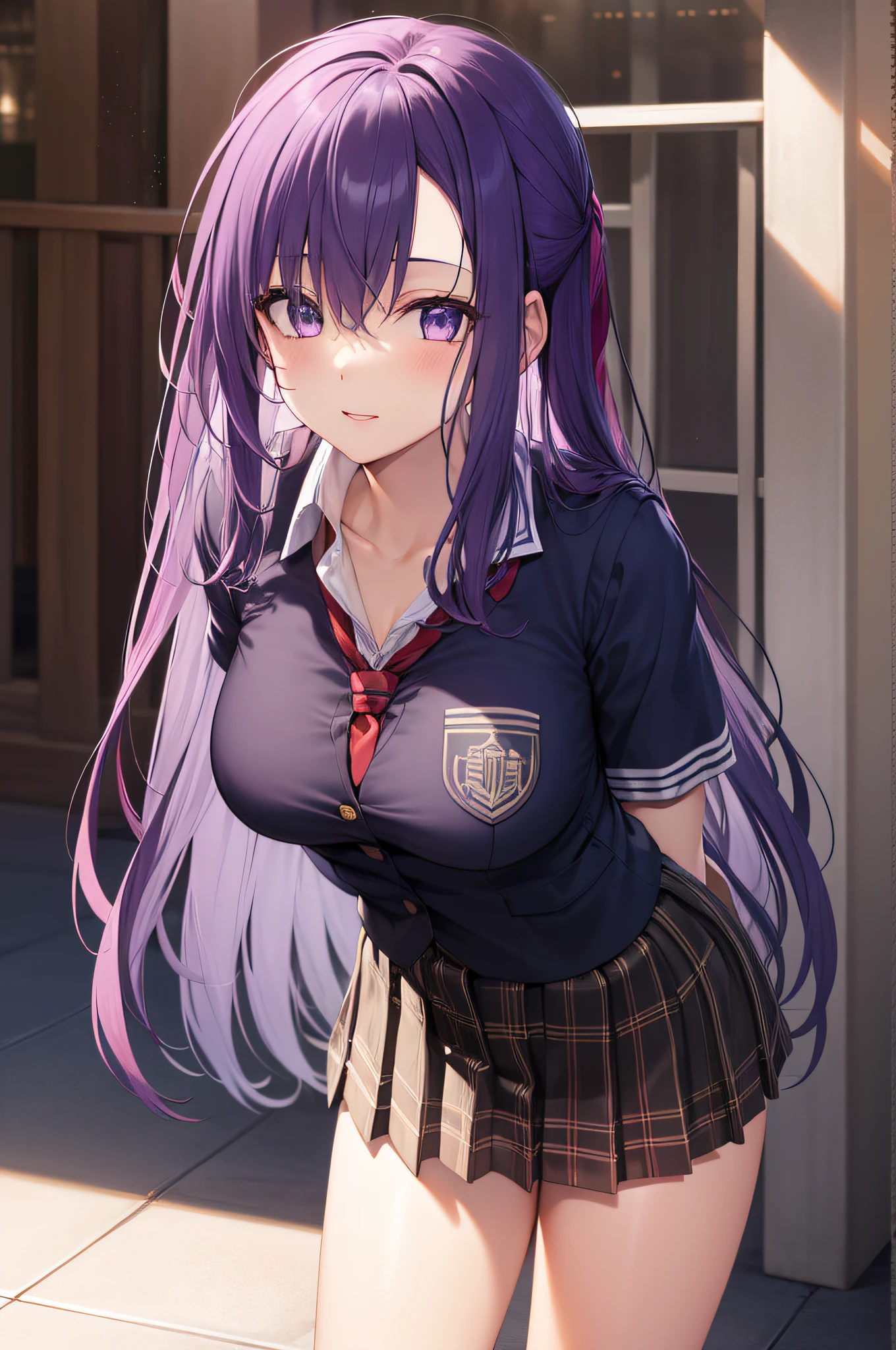 parvati, parvati, long hair, (purple eyes:1.1), purple hair,
BREAK (necktie, pleated skirt, school uniform, short sleeves, skirt, (u.a. school uniform:1.5):1.2),
BREAK looking at viewer,standing, leaning forward, arms behind back,
BREAK outdoors,
BREAK (masterpiece:1.2), best quality, high resolution, unity 8k wallpaper, (illustration:0.8), (beautiful detailed eyes:1.6), extremely detailed face, perfect lighting, extremely detailed CG, (perfect hands, perfect anatomy),