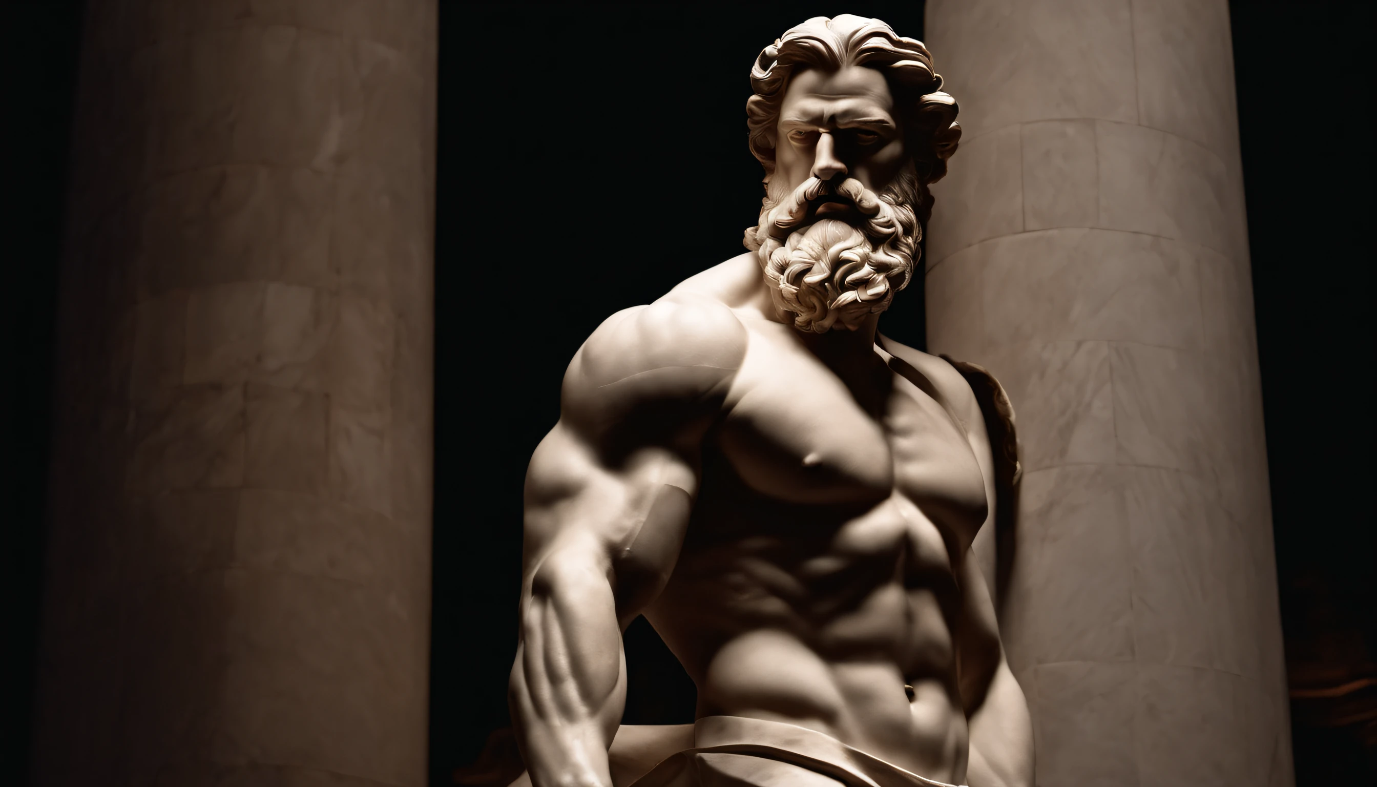 A white marble statue of a muscular, bearded man with a stern look in a darkened square at night, in the style of photographers Annie Leibovitz and Peter Lindbergh.