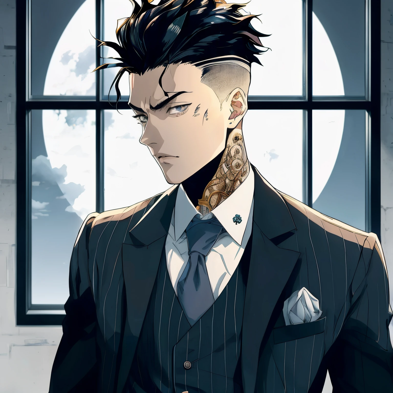 There's a man in a suit and tie standing in front of a window, Gatilho Estilo de Arte de Anime, cara bonito na arte demon slayer, kentaro miura manga art style, Arte Oficial, homem bonito anime, inspired by Munakata Shikō, estilo anime jojo, Kentaro Miura estilo de arte, em um terno estrito, pose de anime bonito