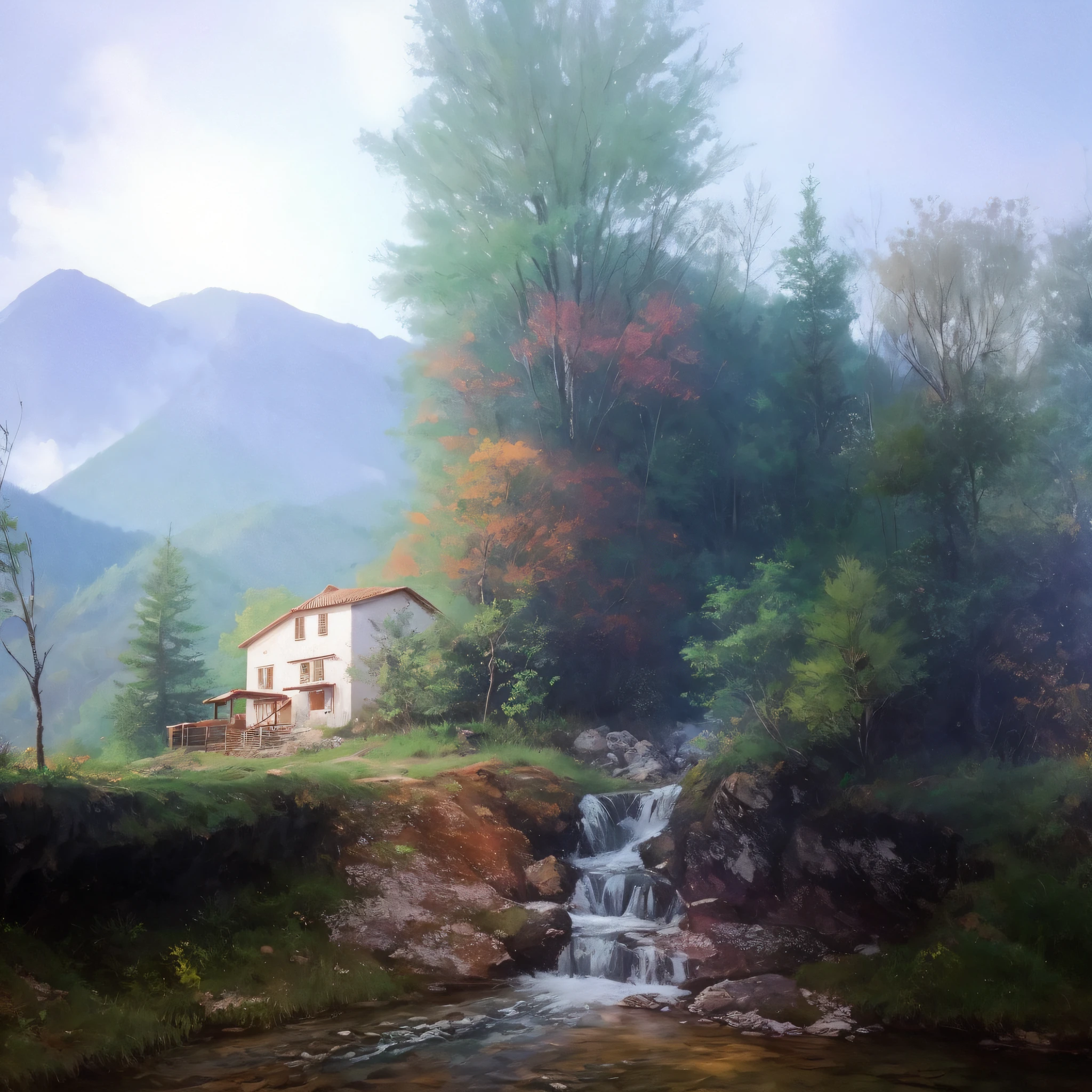 pintura de uma pequena casa , with a stream running crystal clear waters, montanhas ao fundo,super realista,8k