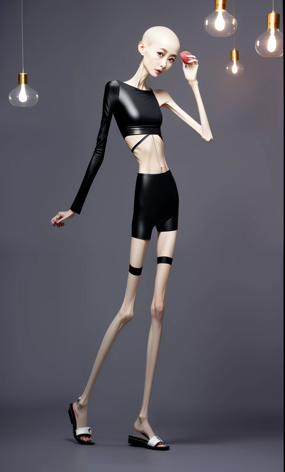 very thin adult woman,A thin body,Protruding sternum,The waist is very thin,The ribs are noticeable,Protruding ribs,The pelvic protrusion is very obvious,Pelvic width,Legs are just skin and bones,Fair skin,thin shoulde,The waist is very thin,Sunken abdomen,Delicate arms,arm muscle atrophy,hunger,sunken lower abdomen,Short hair details,Wear white leather pants,Black stockings on her legs,Wear slippers,Asia face,The waist is particularly thin,angry look,Excessive weight loss,The face is sunken and thin,Severe malnutrition,hunger,Weak,anorexia