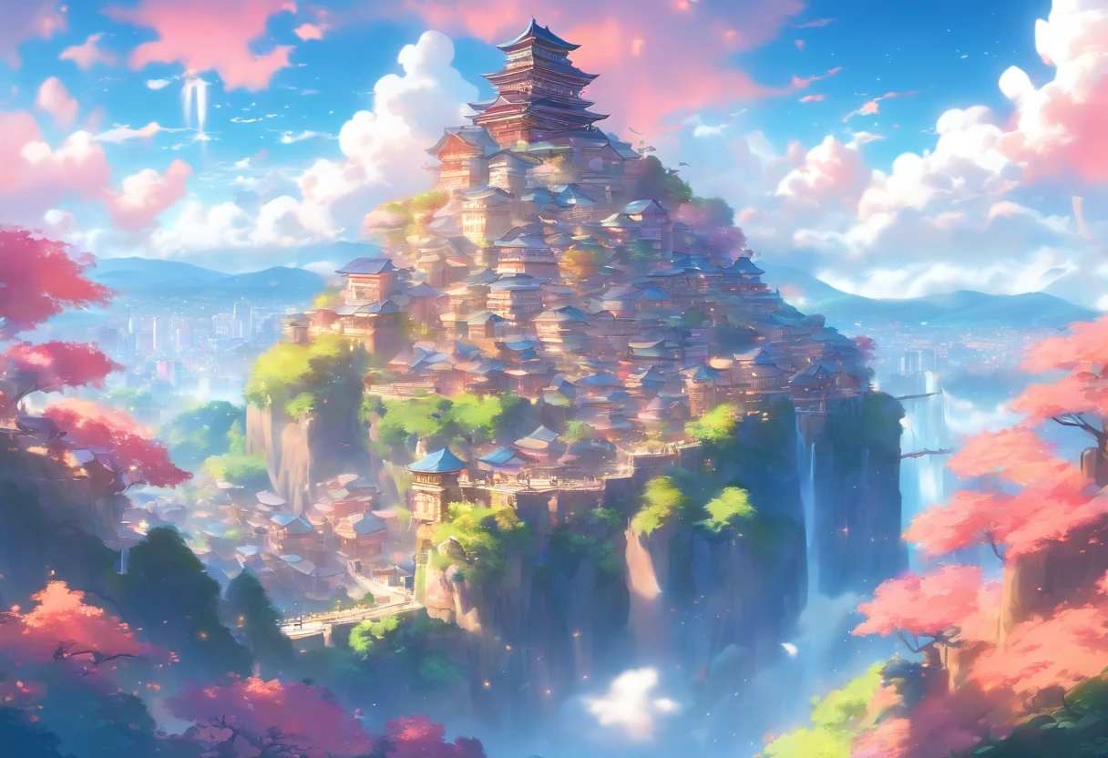 Setting: A massive clearing showcasing a captivating view of a massive and angelic town. View taken from a cliffside

Background:

Sky: Fantasy like, Anime like, vivid and alive.

Atmosphere: Amazing composition, blue, pink, and yellow shades, allow them to blend in with the surroundings and each other to give the scene a magical feeling.

Extras:

Angle and Depth: For a dynamic perspective, use a slightly left-tilted angle to lend depth and drama to the scene. Also, use a low-angle shot as well.

Quality and Composition: Ensure the final piece is of high quality, resembling a masterpiece. The composition should be balanced and incredible, drawing the viewer's eye across the entire scene, from the fantasy-like sky, through the view, and finally resting on the town below.
Final Touches: Correct proportions. Establishing shot. Beautiful and wondrous fantasy scenery, digital art, artstation, {8k high res masterpiece}, vibrant colored background, clear