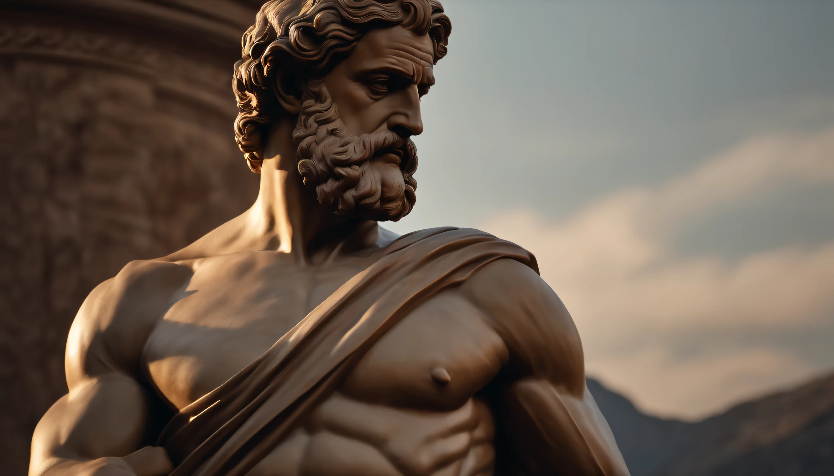Muscular statue of Greek philosopher, barba grande, cinemactic, fundo escuro, 8k, ultra realistic