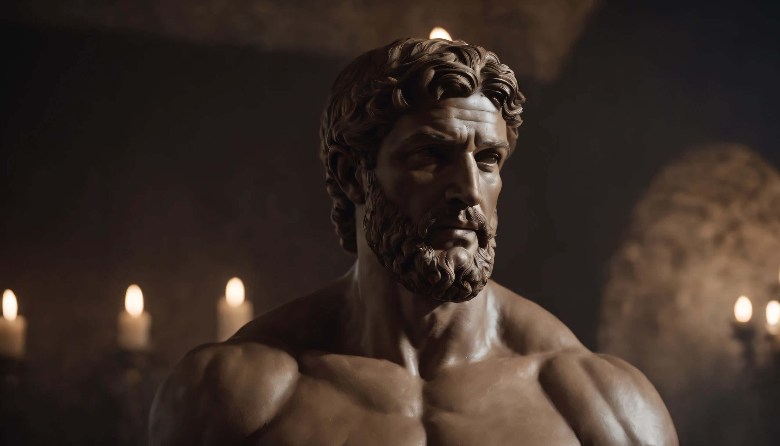 Stoic Greek Hercules style statue with highlighted muscles dark background