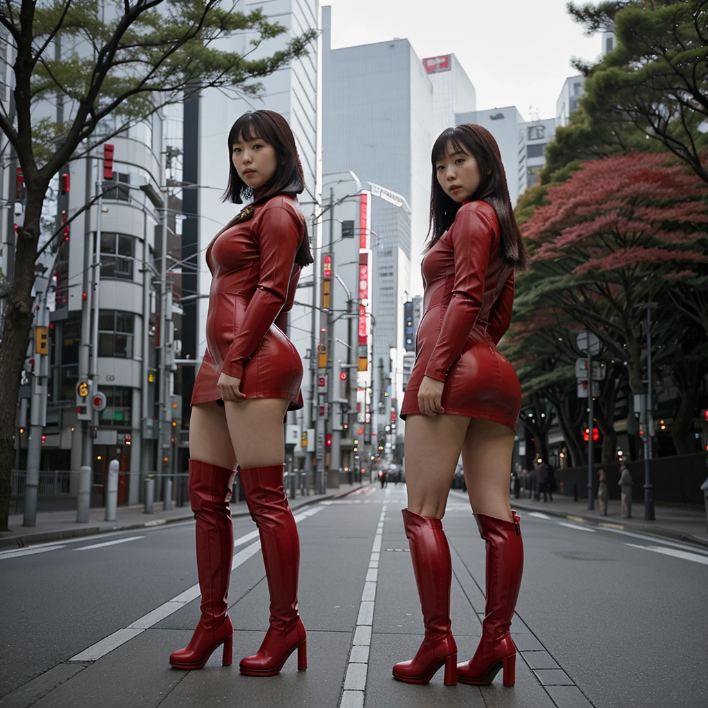 japanese woman tight red leather dress red boots Tokyo street