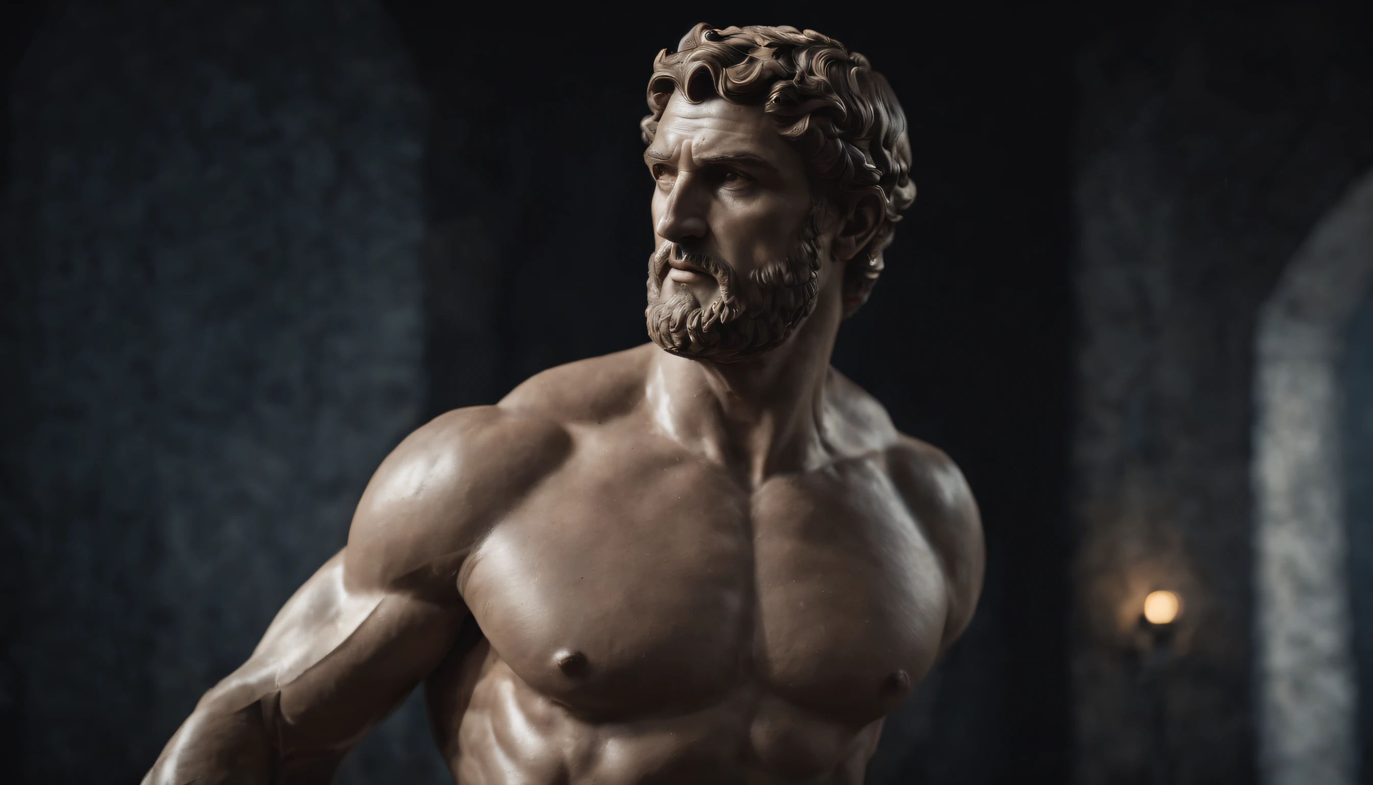 Stoic Greek Hercules style statue with highlighted muscles dark background