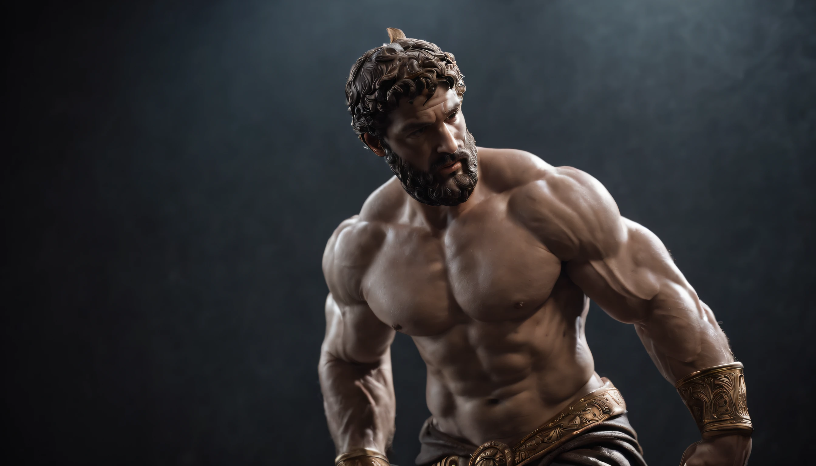 Hercules-style Greek stoic statue with highlighted muscles dark background