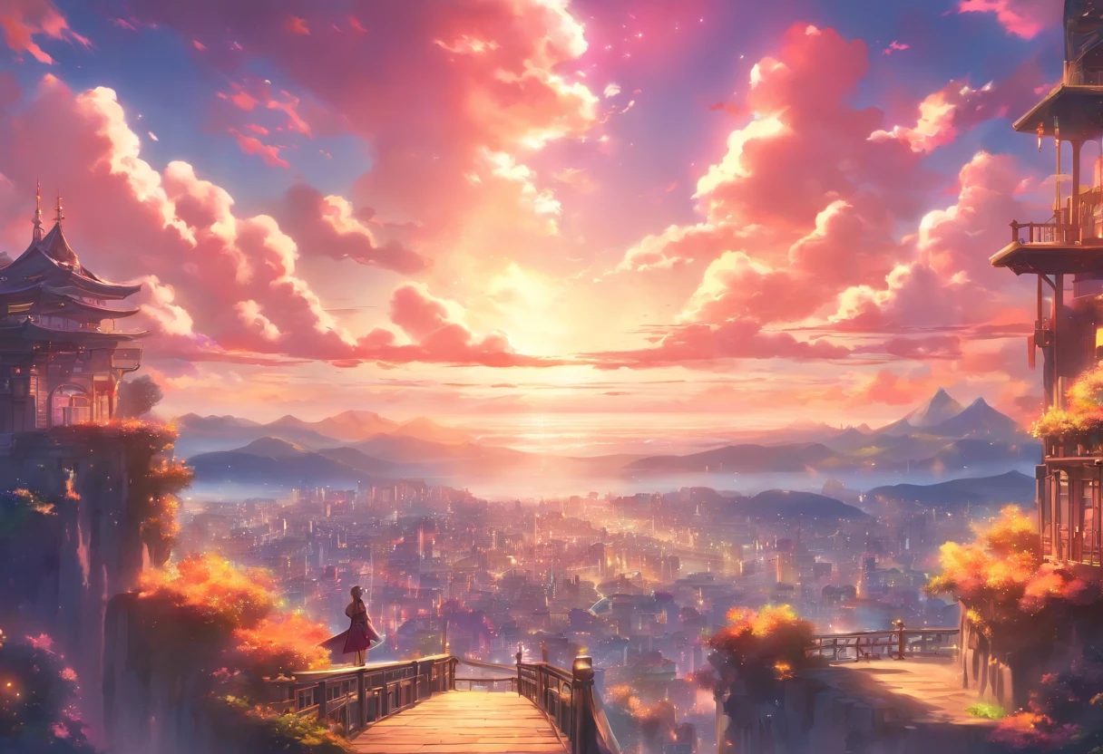 Setting: A massive clearing showcasing a captivating view of a massive and angelic city-like town. View taken from a cliffside with wooden railings
Background:
Sky: Fantasy-like, Anime-like, vivid.
Atmosphere: Amazing composition, blue, pink, purple, and yellow shades, allow them to blend in with the surroundings and each other to give the scene a magical feeling.
Extras:
Angle and Depth: For a dynamic perspective, use a slightly left-tilted angle to lend depth and drama to the scene. Also, use a low-angle shot as well.
Quality and Composition: Ensure the final piece is of high quality, resembling a masterpiece. The composition should be balanced and incredible, drawing the viewer's eye across the entire scene, from the fantasy-like sky, through the view, and finally resting on the town below.
Final Touches: Correct proportions. Establishing shot. Beautiful and wondrous fantasy scenery, digital art, artstation, {8k high res masterpiece}, vibrant colored background, clear to see