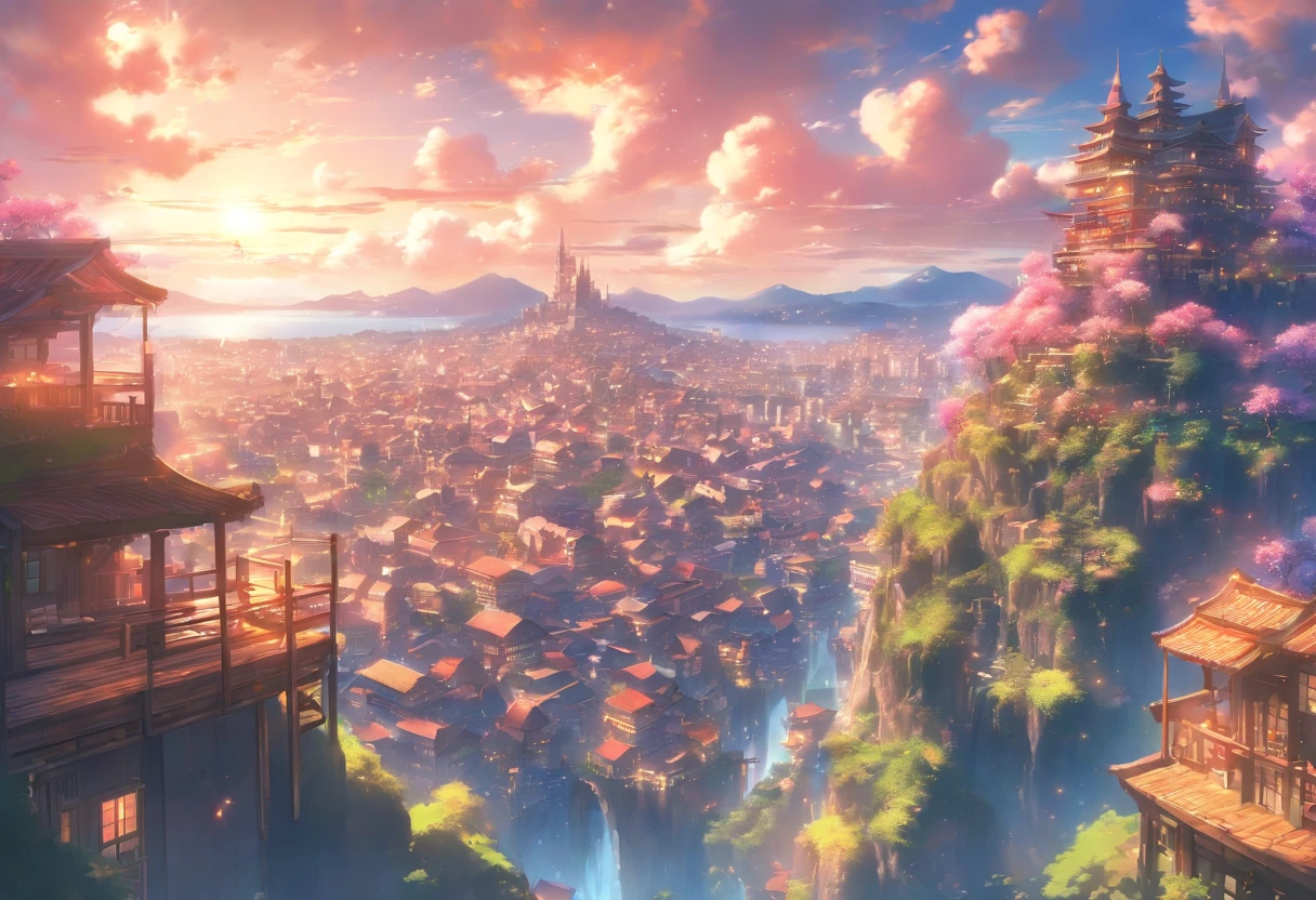 Setting: A massive clearing showcasing a captivating view of a massive and angelic city-like town. View taken from a cliffside with wooden railings

Background:

Sky: Fantasy-like, Anime-like, vivid.

Atmosphere: Amazing composition, blue, pink, purple, and yellow shades, allow them to blend in with the surroundings and each other to give the scene a magical feeling.

Extras:

Angle and Depth: For a dynamic perspective, use a slightly left-tilted angle to lend depth and drama to the scene. Also, use a low-angle shot as well.

Quality and Composition: Ensure the final piece is of high quality, resembling a masterpiece. The composition should be balanced and incredible, drawing the viewer's eye across the entire scene, from the fantasy-like sky, through the view, and finally resting on the town below.
Final Touches: Correct proportions. Establishing shot. Beautiful and wondrous fantasy scenery, digital art, artstation, {8k high res masterpiece}, vibrant colored background, clear to see