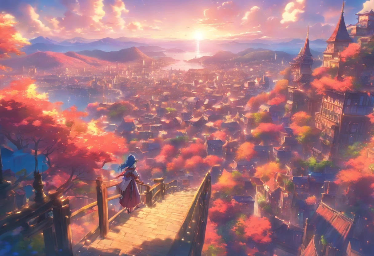 Setting: A massive clearing showcasing a captivating view of a massive and angelic city-like town. View taken from a cliffside with wooden railings
Background:
Sky: Fantasy-like, Anime-like, vivid.
Atmosphere: Amazing composition, blue, pink, purple, and yellow shades, allow them to blend in with the surroundings and each other to give the scene a magical feeling.
Extras:
Angle and Depth: For a dynamic perspective, use a slightly left-tilted angle to lend depth and drama to the scene. Also, use a low-angle shot as well.
Quality and Composition: Ensure the final piece is of high quality, resembling a masterpiece. The composition should be balanced and incredible, drawing the viewer's eye across the entire scene, from the fantasy-like sky, through the view, and finally resting on the town below.
Final Touches: Correct proportions. Establishing shot. Beautiful and wondrous fantasy scenery, digital art, artstation, {8k high res masterpiece}, vibrant colored background, clear to see