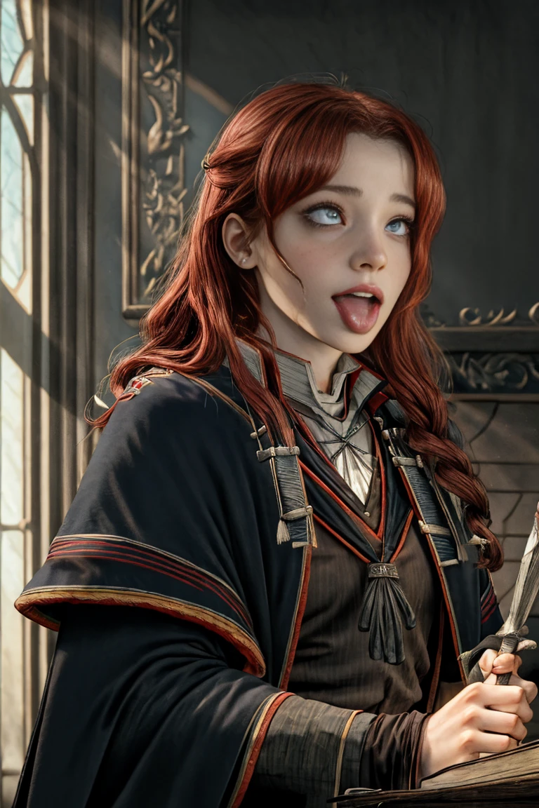 (far wide shot:1.5), 1girl, (solo:1.5), a beautiful picture of Ginny Weasley, (ginwea1:1.5), wearing a uniform, masterpiece, photorealistic, detailed, 4k, HDR, backlighting, light, RAW color photo, soft skin, red hair, detailed face, blue eyes, striped scarf, short pleated skirt, black robe, medieval, (gryffindor:1.4), (ahegao:1.5), (ahg1:.5), (rolling eyes :1.5), (fainting:1.5), looking up, screaming, orgasming, climax, cum face, , gasping, holding her breath, asma,