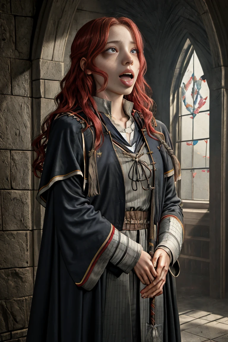 (far wide shot:1.5), 1girl, (solo:1.5), a beautiful picture of Ginny Weasley, (ginwea1:1.5), wearing a uniform, masterpiece, photorealistic, detailed, 4k, HDR, backlighting, light, RAW color photo, soft skin, red hair, detailed face, blue eyes, striped scarf, short pleated skirt, black robe, medieval, (gryffindor:1.4), (ahegao:1.5), (ahg1:.5), (rolling eyes :1.5), (fainting:1.5), looking up, screaming, orgasming, climax, cum face, , gasping, holding her breath, asma,