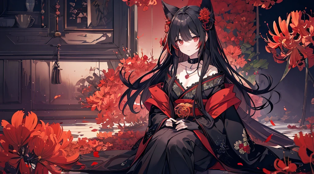 (extremely detailed CG unity 8k wallpaper), (((ultra-detailed))), ((extremely detailed)), (((best illustration))), best illumination, ((extremely delicate and beautiful)), ((an extremely delicate and beautiful girl)), colorful, lycoris radiata, (manjusaka:1.1), red flower field, (((colorful flowers))), ((1 girl, solo)), {{finely detailed beautiful eyes and detailed face}}, sad expression, sad smile, long hair, (((black hair))), red eyes, beautiful detailed eyes, mature female, gentle, slender, medium breast, black red fox ears, (black red fox tail), (((intricate details))), (Black and red knee-length kimono dress), medium height black boots, ((black choker with red pendent)), manjusaka/lycoris radiata birthmark on the neck, sitting, bishoujo, 19_years_old