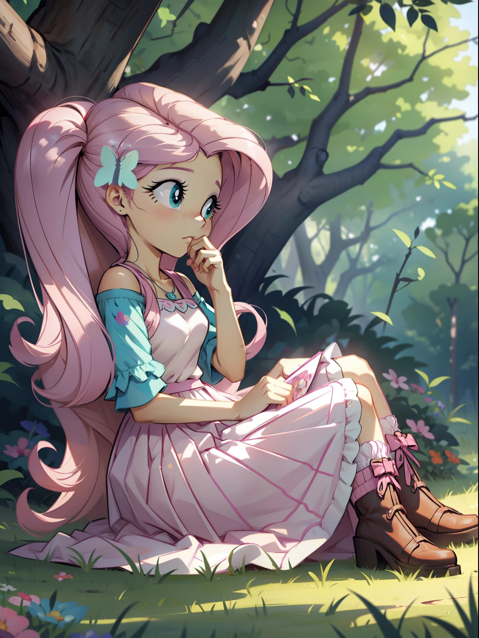 Fluttershy, Fluttershy of my little pony, in the woods, pretty, sitting on the grass, makes a noise, meal, in a skirt, Bluska