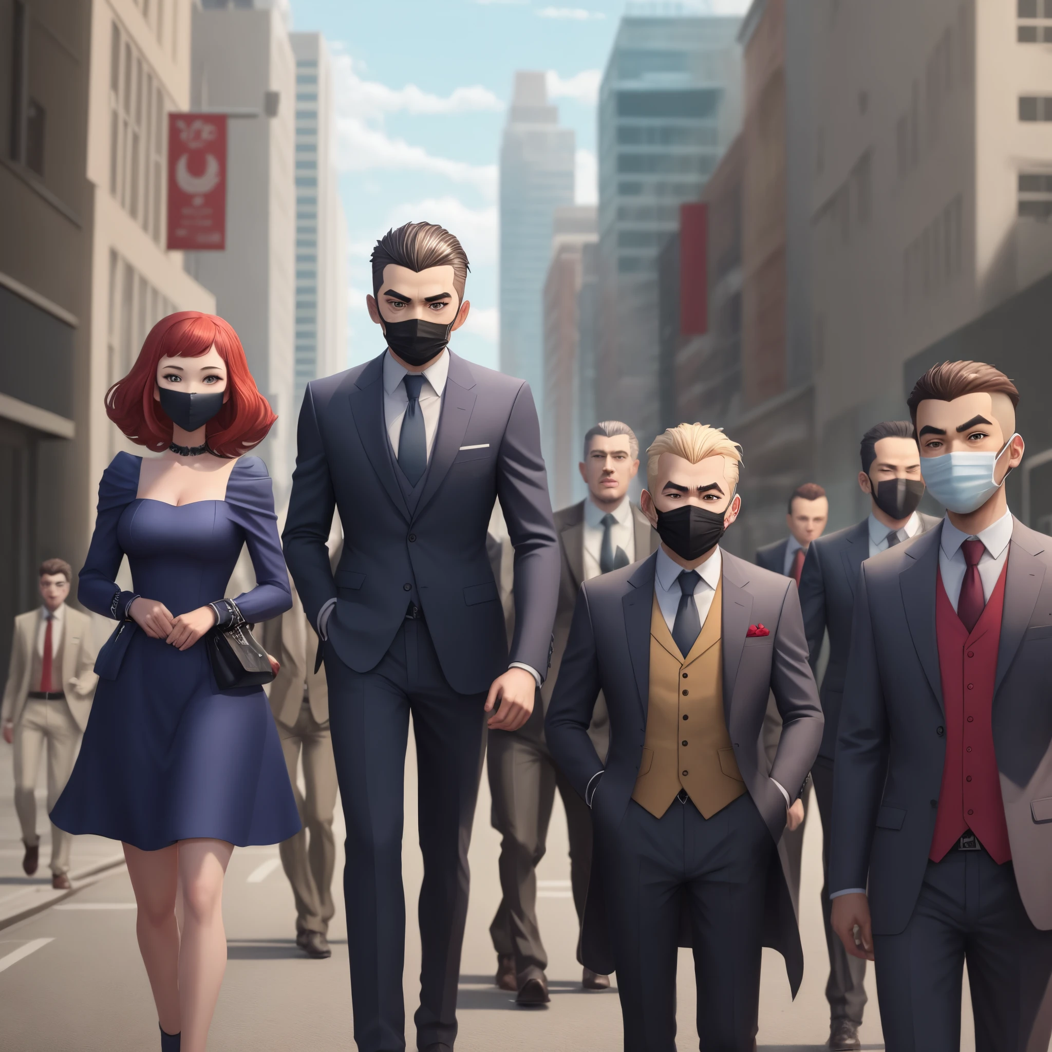Animation of a gang in the city suits with masks
