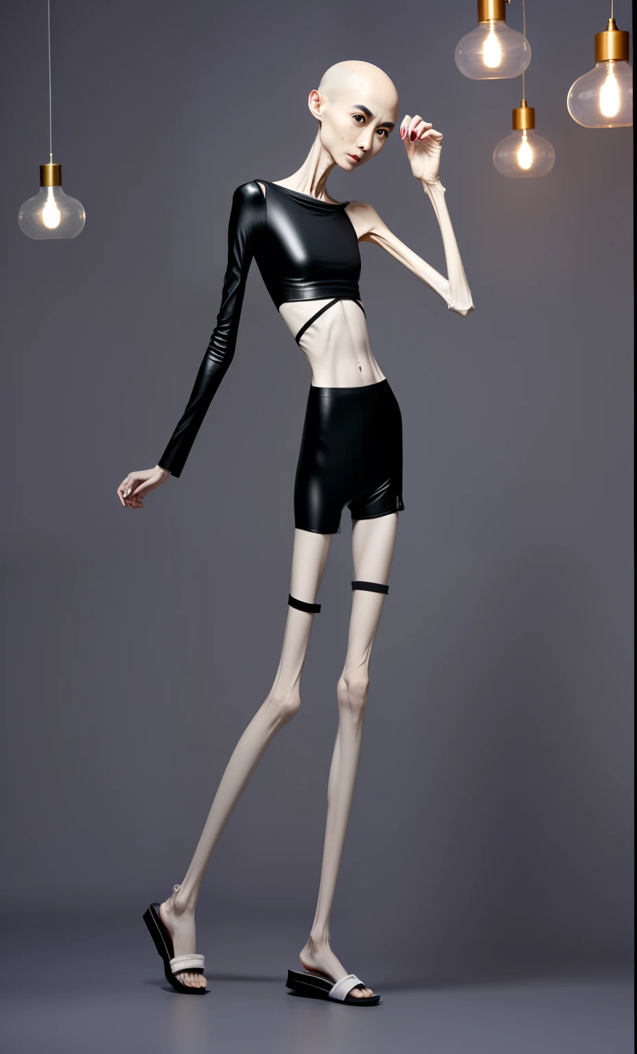 very thin adult woman,A thin body,Protruding sternum,The waist is very thin,The ribs are noticeable,Protruding ribs,The pelvic protrusion is very obvious,Pelvic width,Legs are just skin and bones,White skin of the,thin shoulde,The waist is very thin,Sunken abdomen,Delicate arms,arm muscle atrophy,hunger,The lower abdomen is depressed,bald-headed,Wear white leather pants,Wear slippers,Asia face,The waist is particularly thin,angry look,Excessive weight loss,The face is sunken and thin,Severe malnutrition,hunger,Weak,anorexia
