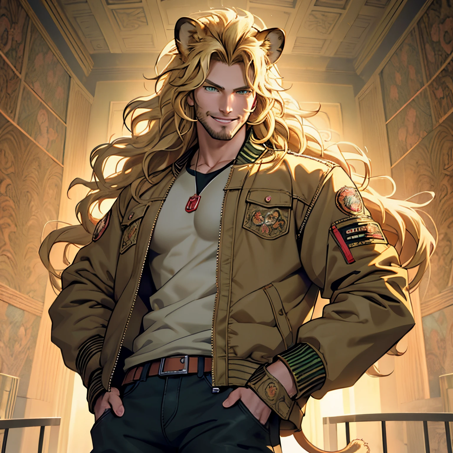 Bomber jacket, One male, lion ears, long hair, blond, blond hair, green eyes, tall, muscular, beautiful face, highest quality, masterpiece, 3d, anime, perfect face, highest detail, feline eyes, stubble, lion tail, wavy hair, cowboy shot, detailed face, intricate details, paisley background, smile, solo, hands on pockets