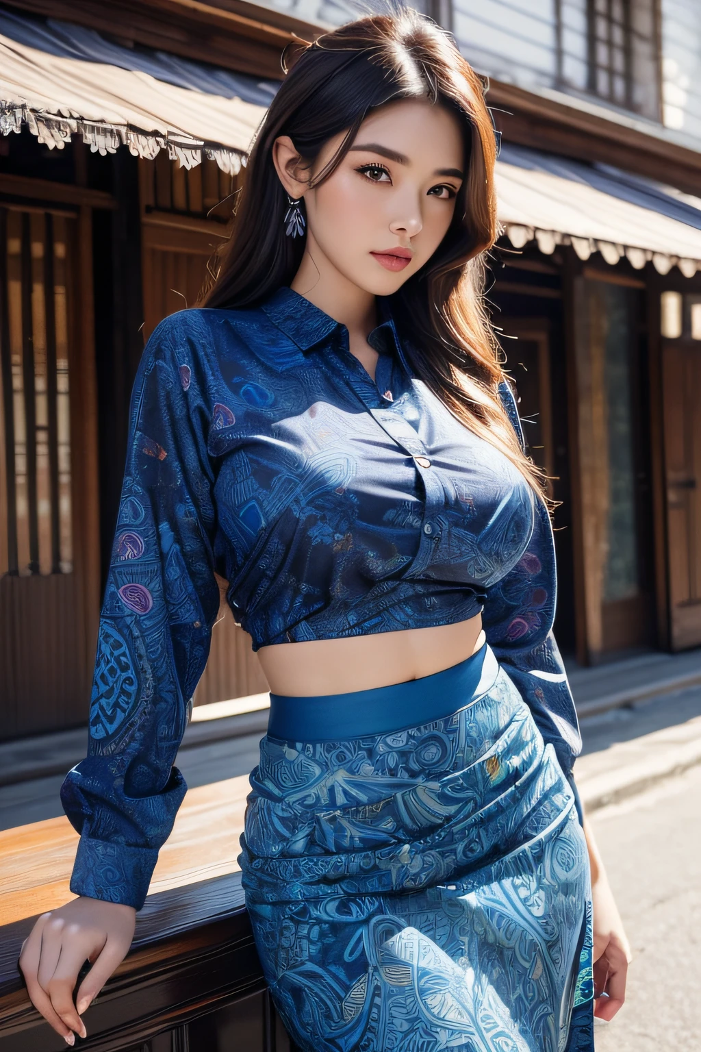 (masterpiece), (best quality), (digital painting), wide shot angle, beautiful woman, thick eyebrows, curled eyelashes, facial details, long hair, big breasts, ((blue batik shirt, cloth_pattern)), repeating pattern design, (black tight skirt), hips, background, shop street, highly detailed, intricate, 8k octane rendering