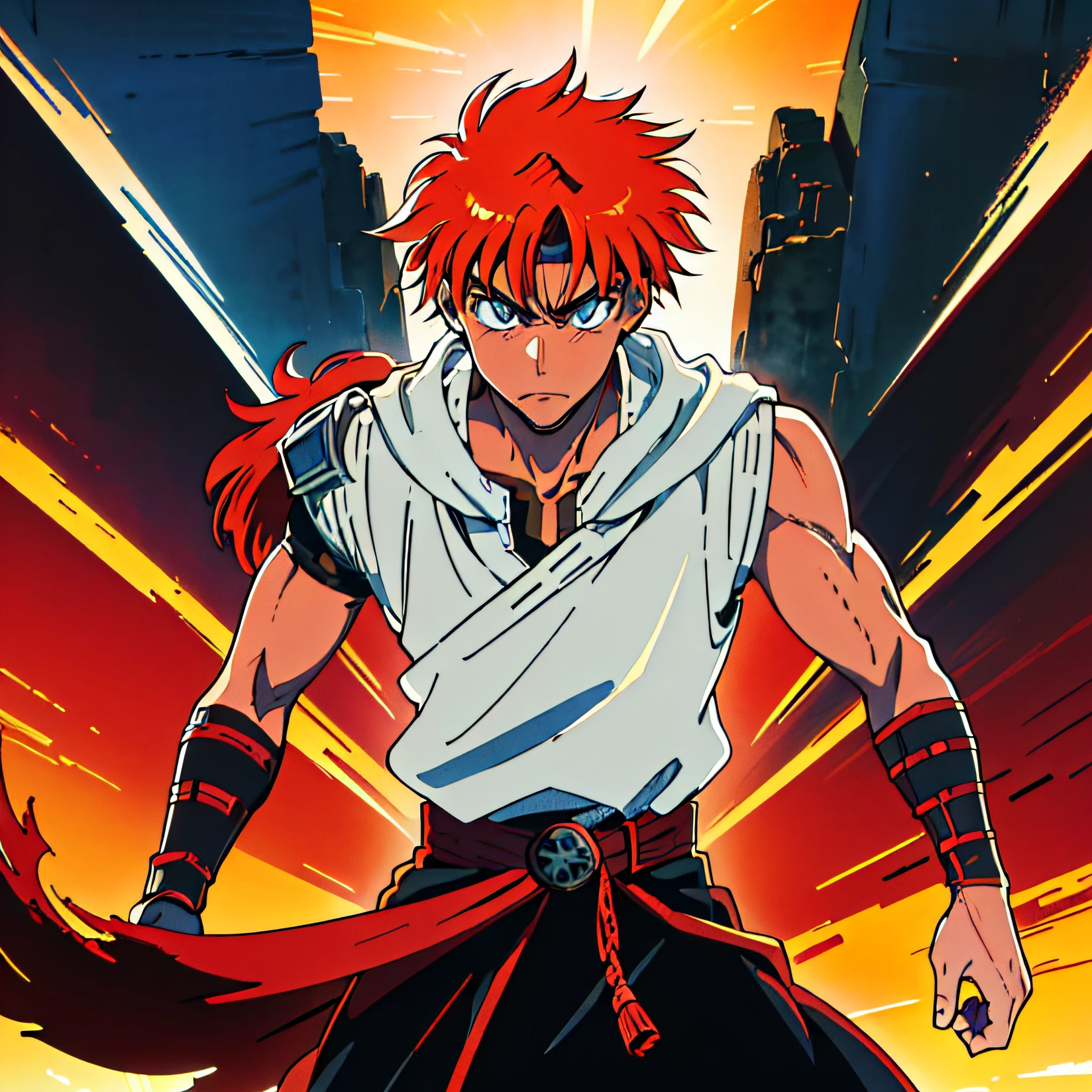 (best quality,8k,ultra-detailed),digital rendering,red hair,anime male character,cloaked boy,Berserker-inspired,art style inspired by Record of Ragnarok,attractive anime boy,beautifully detailed eyes, serious expression,stylish and dramatic pose, ruins as background,rich colors,soft lighting, orange hair