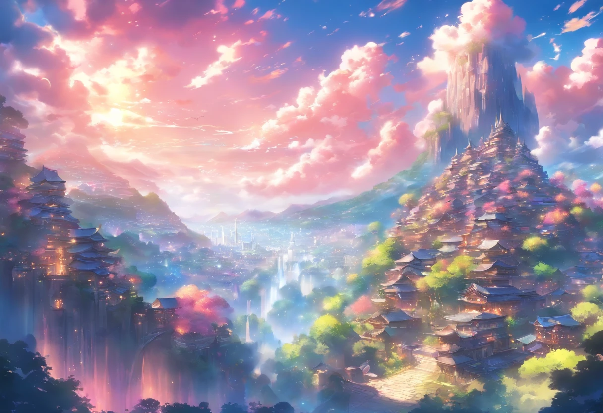 Setting: A massive clearing showcasing a captivating view of a massive and angelic town.
Background:
Sky: Fantasy like, Anime like, vivid and alive.
Atmosphere: Amazing composition, blue, pink, and purple and yellow shades, allow them to blend in with the surroundings and each other to give the scene a magical feeling.
Extras:
Angle and Depth: For a dynamic perspective, use a slightly left-tilted angle to lend depth and drama to the scene. Also, use a low-angle shot as well.
Quality and Composition: Ensure the final piece is of high quality, resembling a masterpiece. The composition should be balanced and incredible, drawing the viewer's eye across the entire scene, from the fantasy-like sky, through the view, and finally resting on the town below.
Final Touches: Correct proportions. Establishing shot. Beautiful and wondrous fantasy scenery, digital art, artstation, {8k high res masterpiece}, vibrant colored background, glowify, no people