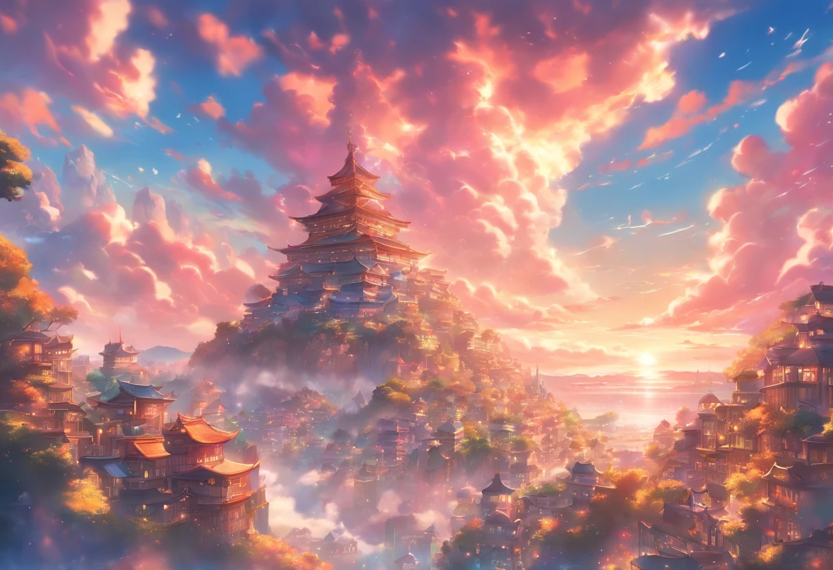Setting: A massive clearing showcasing a captivating view of a massive and angelic town.

Background:

Sky: Fantasy like, Anime like, vivid and alive.

Atmosphere: Amazing composition, blue, pink, and purple and yellow shades, allow them to blend in with the surroundings and each other to give the scene a magical feeling.

Extras:

Angle and Depth: For a dynamic perspective, use a slightly left-tilted angle to lend depth and drama to the scene. Also, use a low-angle shot as well.

Quality and Composition: Ensure the final piece is of high quality, resembling a masterpiece. The composition should be balanced and incredible, drawing the viewer's eye across the entire scene, from the fantasy-like sky, through the view, and finally resting on the town below.
Final Touches: Correct proportions. Establishing shot. Beautiful and wondrous fantasy scenery, digital art, artstation, {8k high res masterpiece}, vibrant colored background, glowify, no people