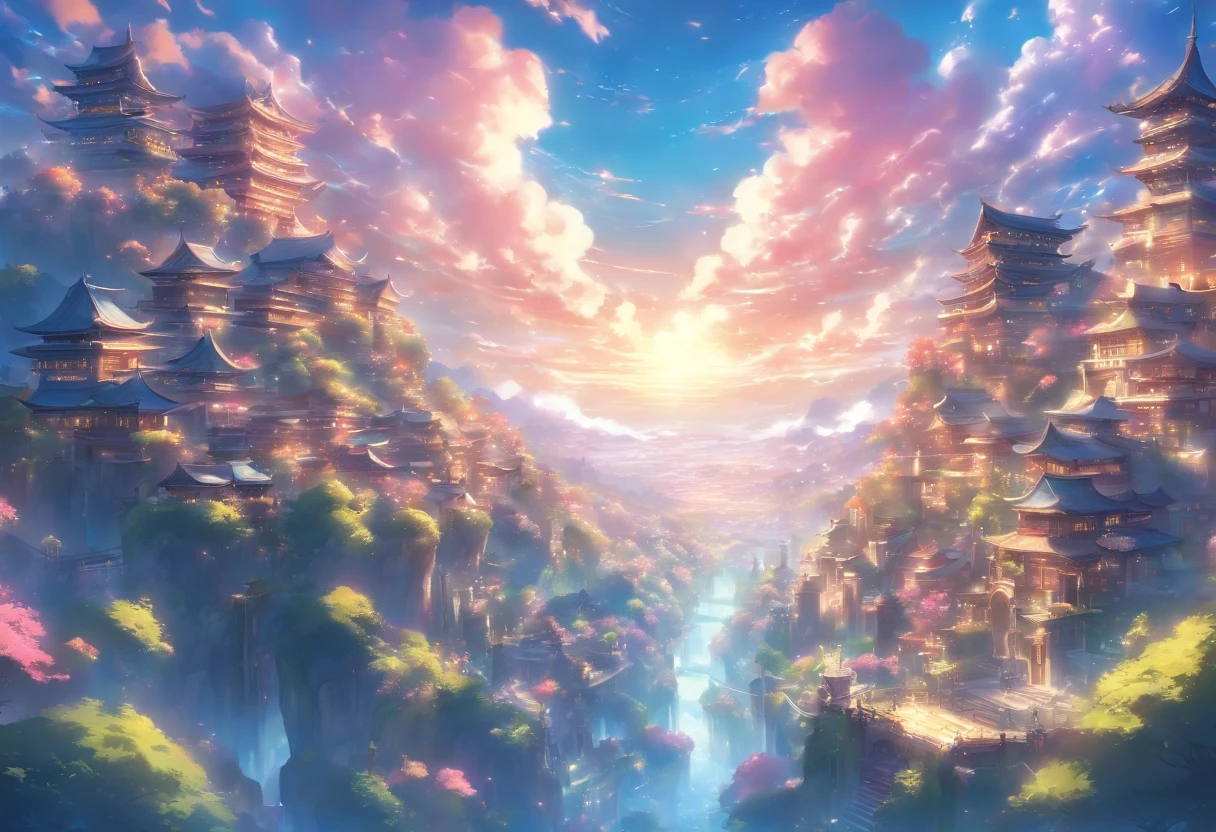 Setting: A massive clearing showcasing a captivating view of a massive and angelic town.
Background:
Sky: Fantasy like, Anime like, vivid and alive.
Atmosphere: Amazing composition, blue, pink, and purple and yellow shades, allow them to blend in with the surroundings and each other to give the scene a magical feeling.
Extras:
Angle and Depth: For a dynamic perspective, use a slightly left-tilted angle to lend depth and drama to the scene. Also, use a low-angle shot as well.
Quality and Composition: Ensure the final piece is of high quality, resembling a masterpiece. The composition should be balanced and incredible, drawing the viewer's eye across the entire scene, from the fantasy-like sky, through the view, and finally resting on the town below.
Final Touches: Correct proportions. Establishing shot. Beautiful and wondrous fantasy scenery, digital art, artstation, {8k high res masterpiece}, vibrant colored background, glowify, no people