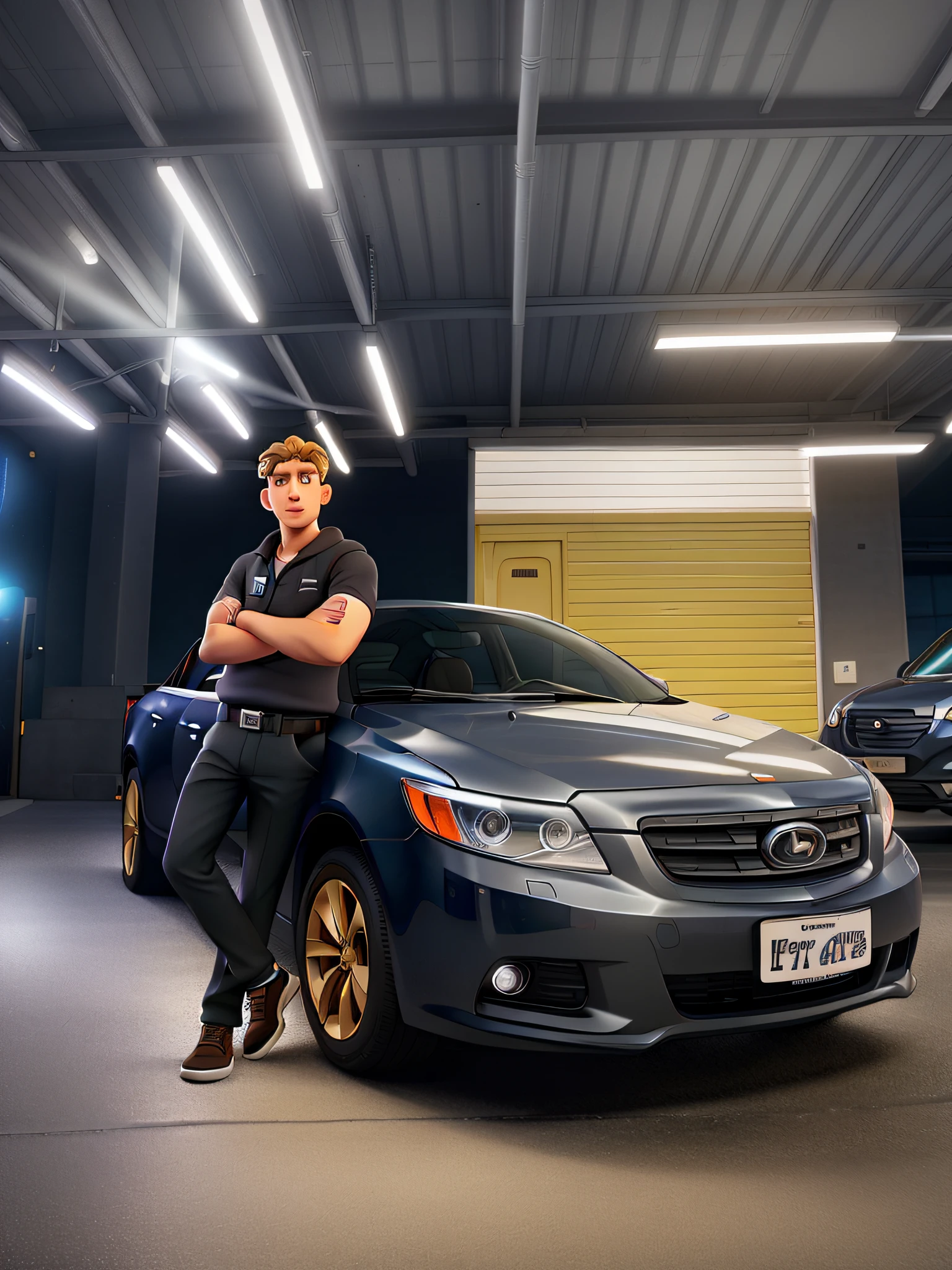 a white man leaning against a gray car with black wheels and lighting on the roof and behind this man and from the car an open golden gate like the Disney Pixar films