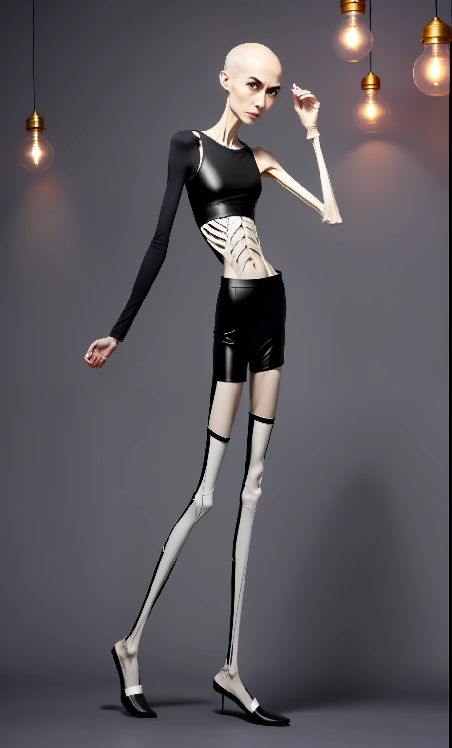very thin adult woman,A thin body,Protruding sternum,The waist is very thin,The ribs are noticeable,Protruding ribs,The pelvic protrusion is very obvious,Pelvic width,Legs are just skin and bones,White skin of the,thin shoulde,The waist is very thin,Sunken abdomen,Delicate arms,arm muscle atrophy,hunger,The lower abdomen is depressed,bald-headed,Wear white leather pants,Wearing black stockings on her legs,Wear slippers,Asia face,The waist is particularly thin,angry look,Excessive weight loss,The face is sunken and thin,Severe malnutrition,hunger,Weak,anorexia